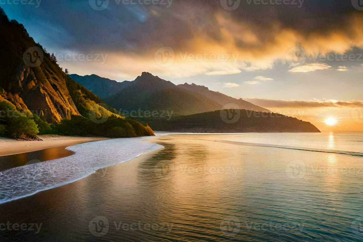 de Sol uppsättningar över en strand och berg. ai-genererad foto