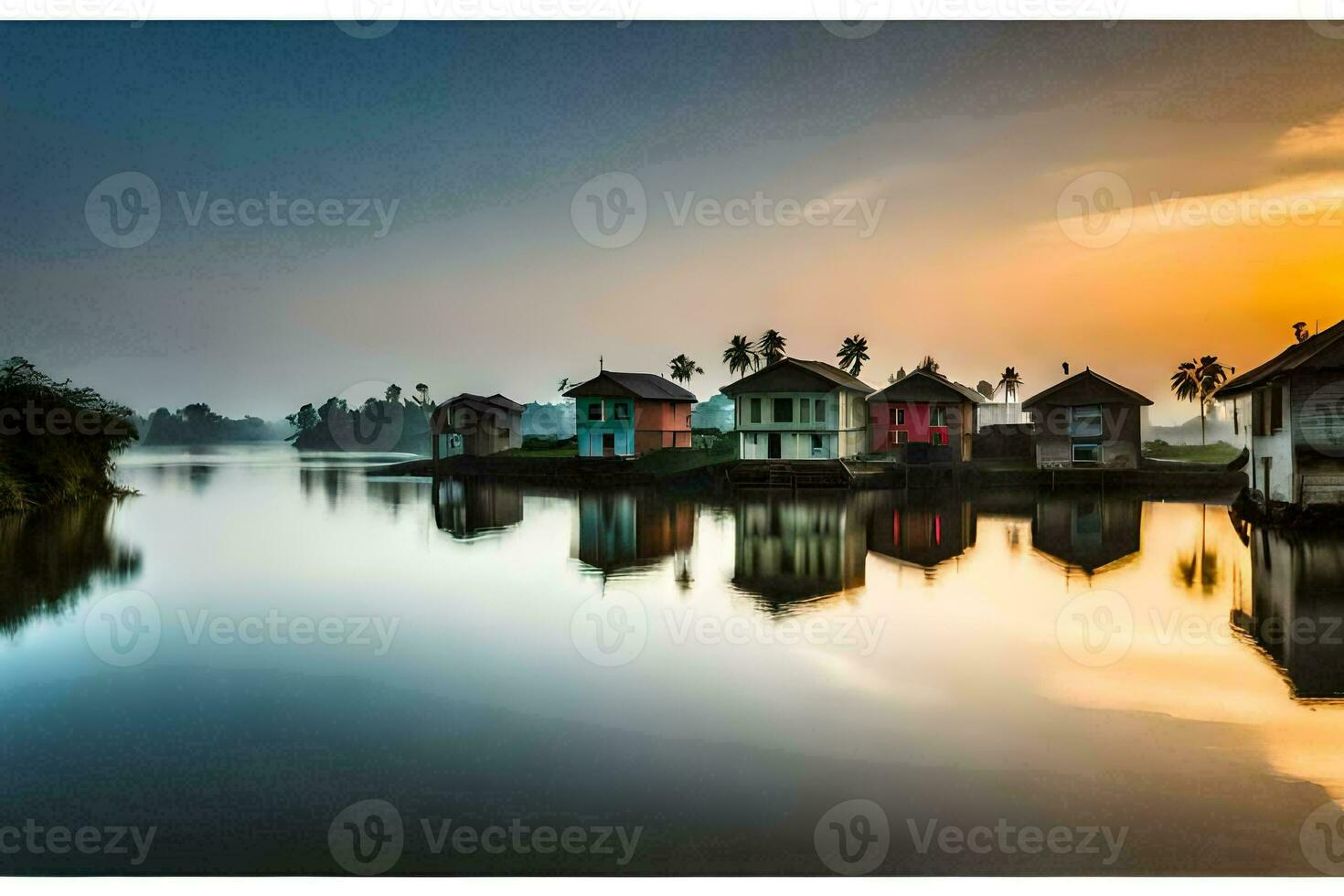 en skön solnedgång över en sjö med hus i de bakgrund. ai-genererad foto