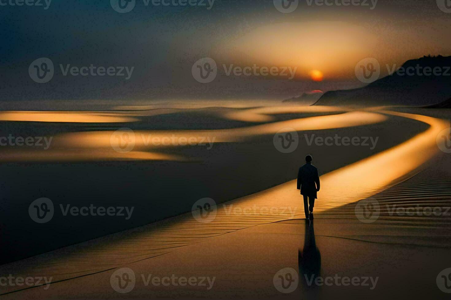 en man gående längs de strand på solnedgång. ai-genererad foto