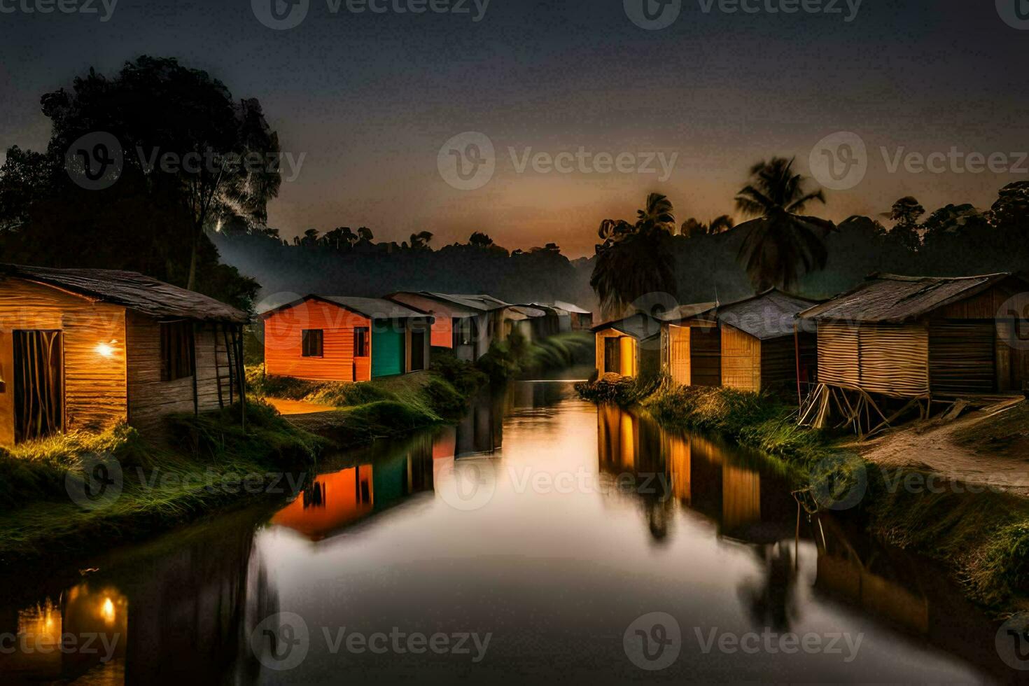 en flod kör genom en by på natt. ai-genererad foto