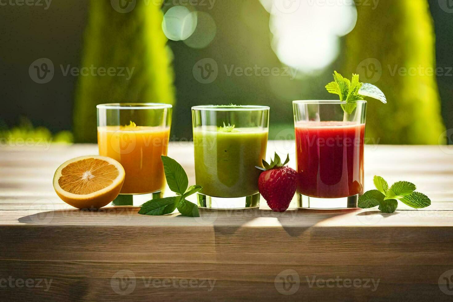 tre glasögon av juice med frukt och grönsaker. ai-genererad foto