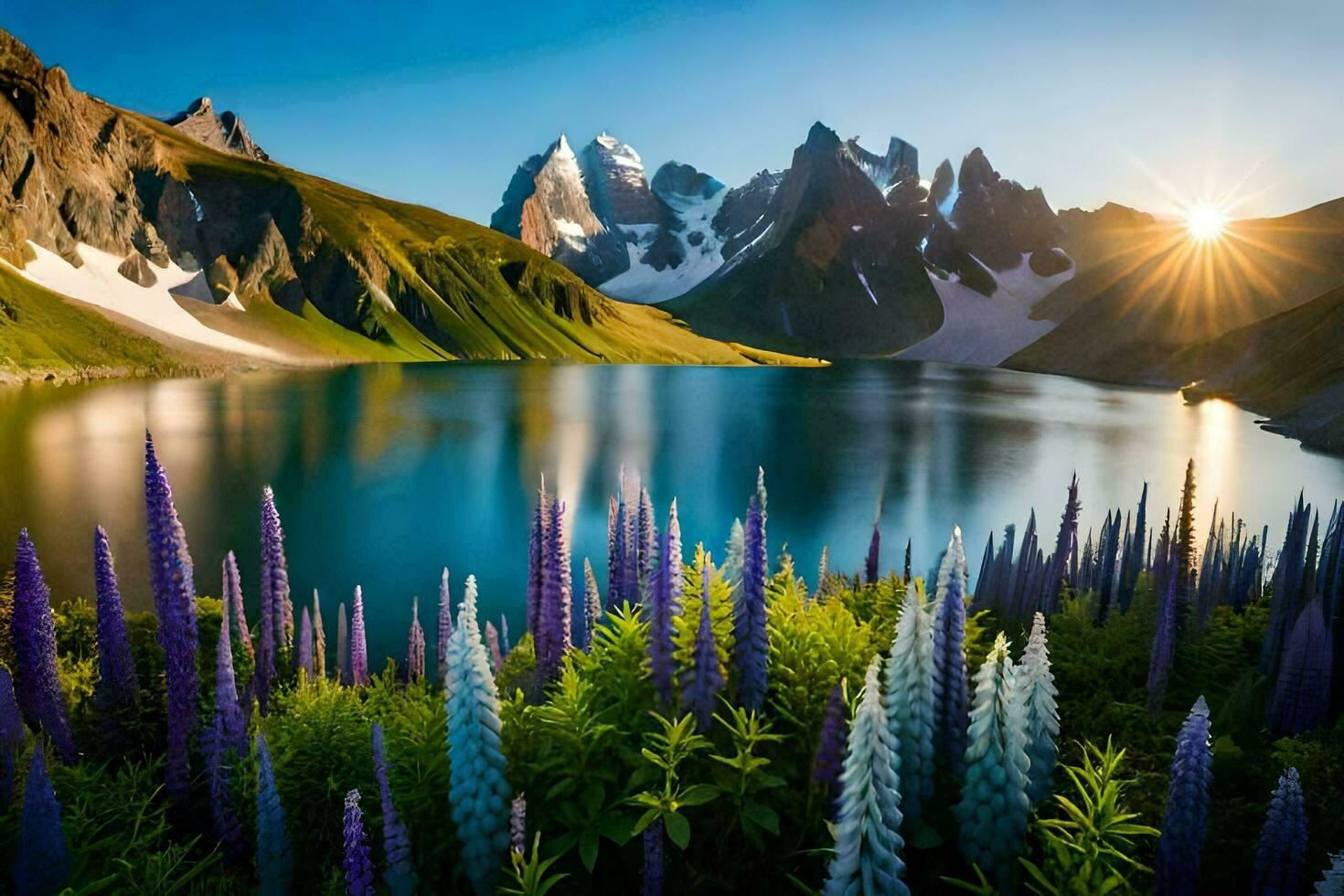 de Sol stiger över de bergen och de lupin blommor. ai-genererad foto