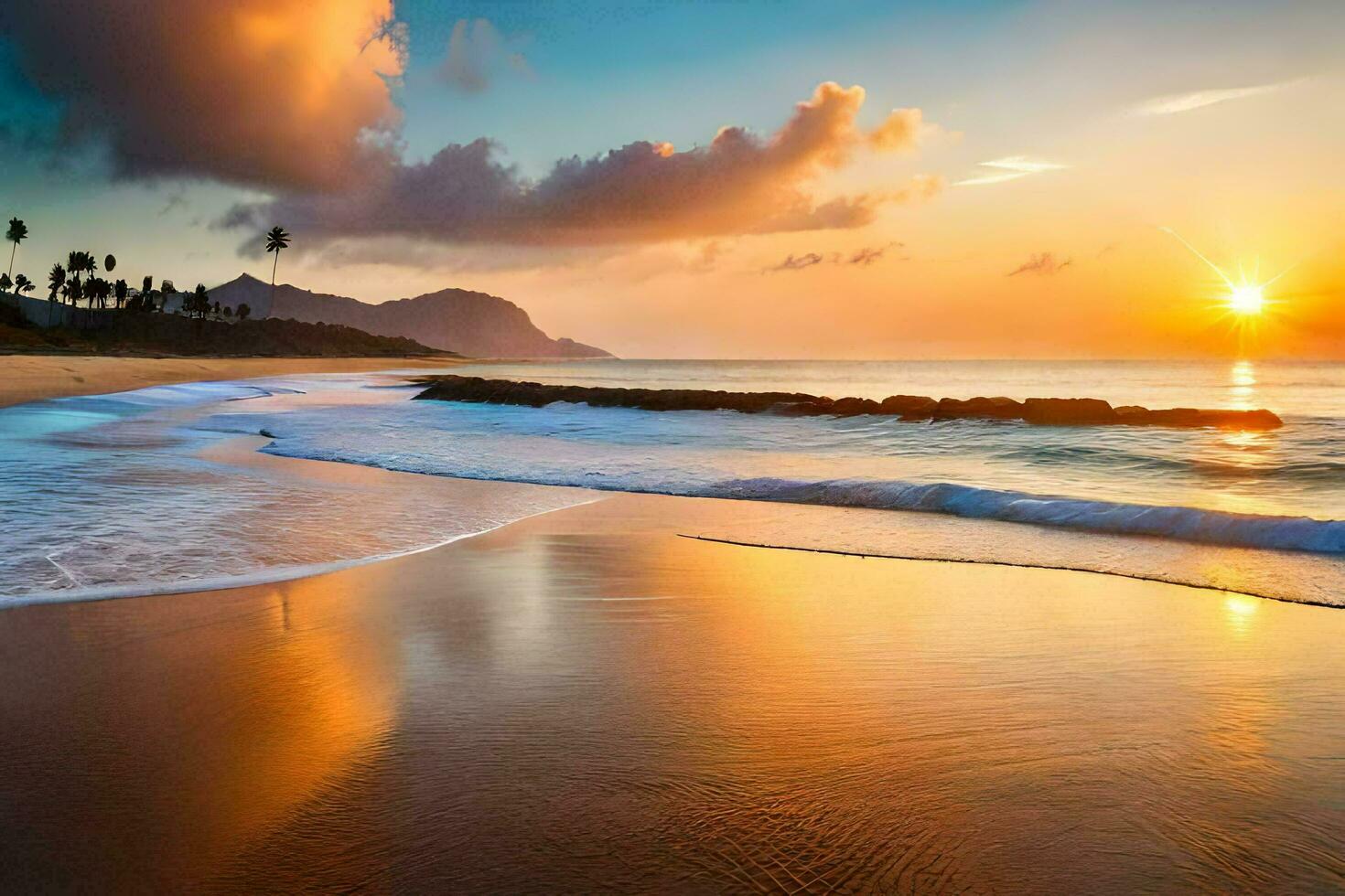 de Sol stiger över de hav och de vågor krascha på de strand. ai-genererad foto