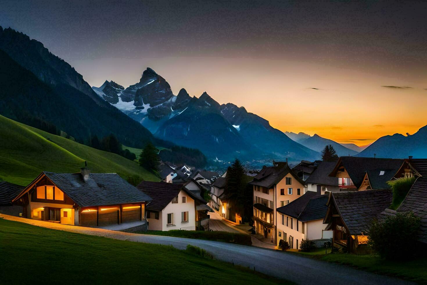 Foto tapet de himmel, berg, de by, de väg, de berg, de by,. ai-genererad