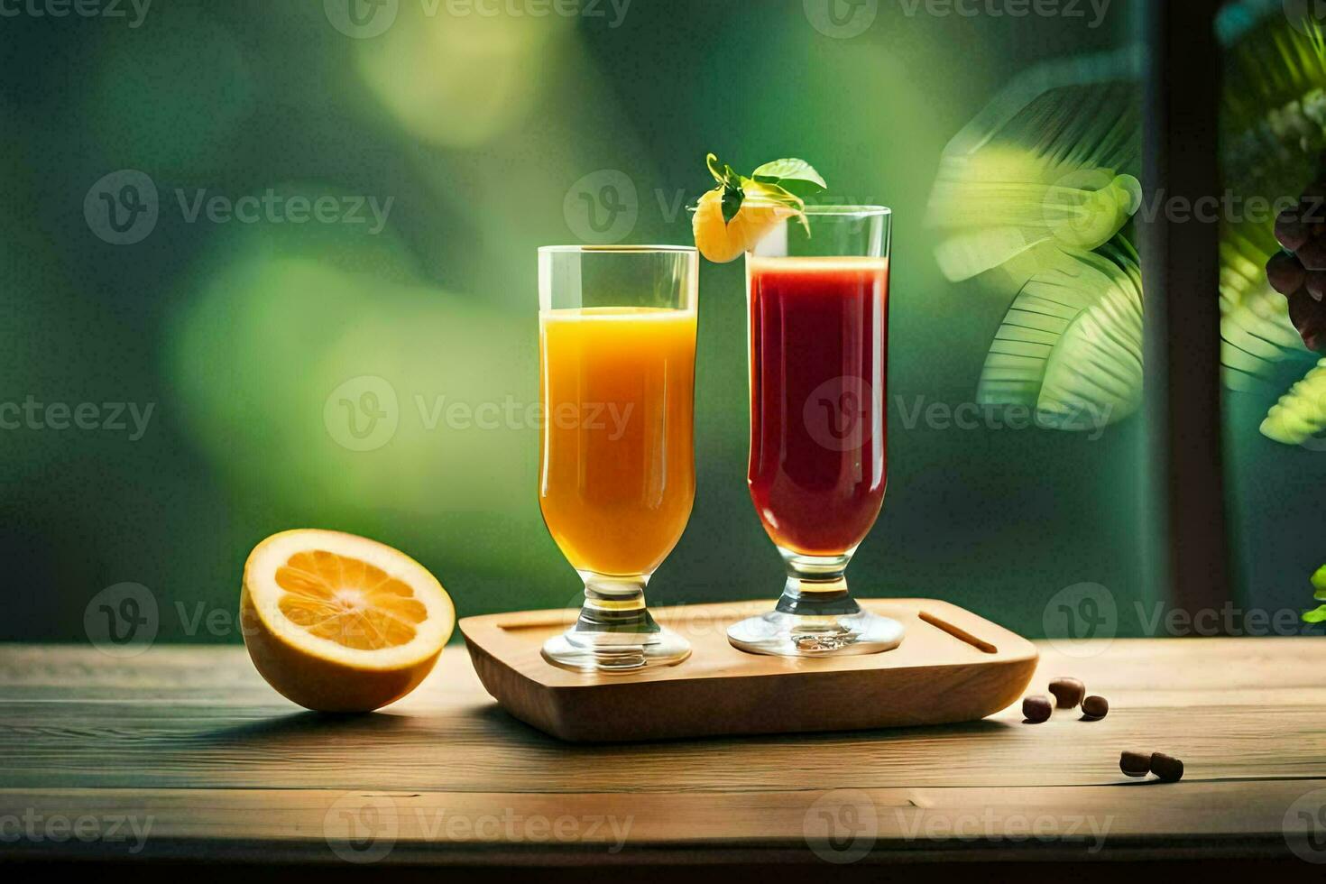 två glasögon av orange juice på en trä- bricka. ai-genererad foto