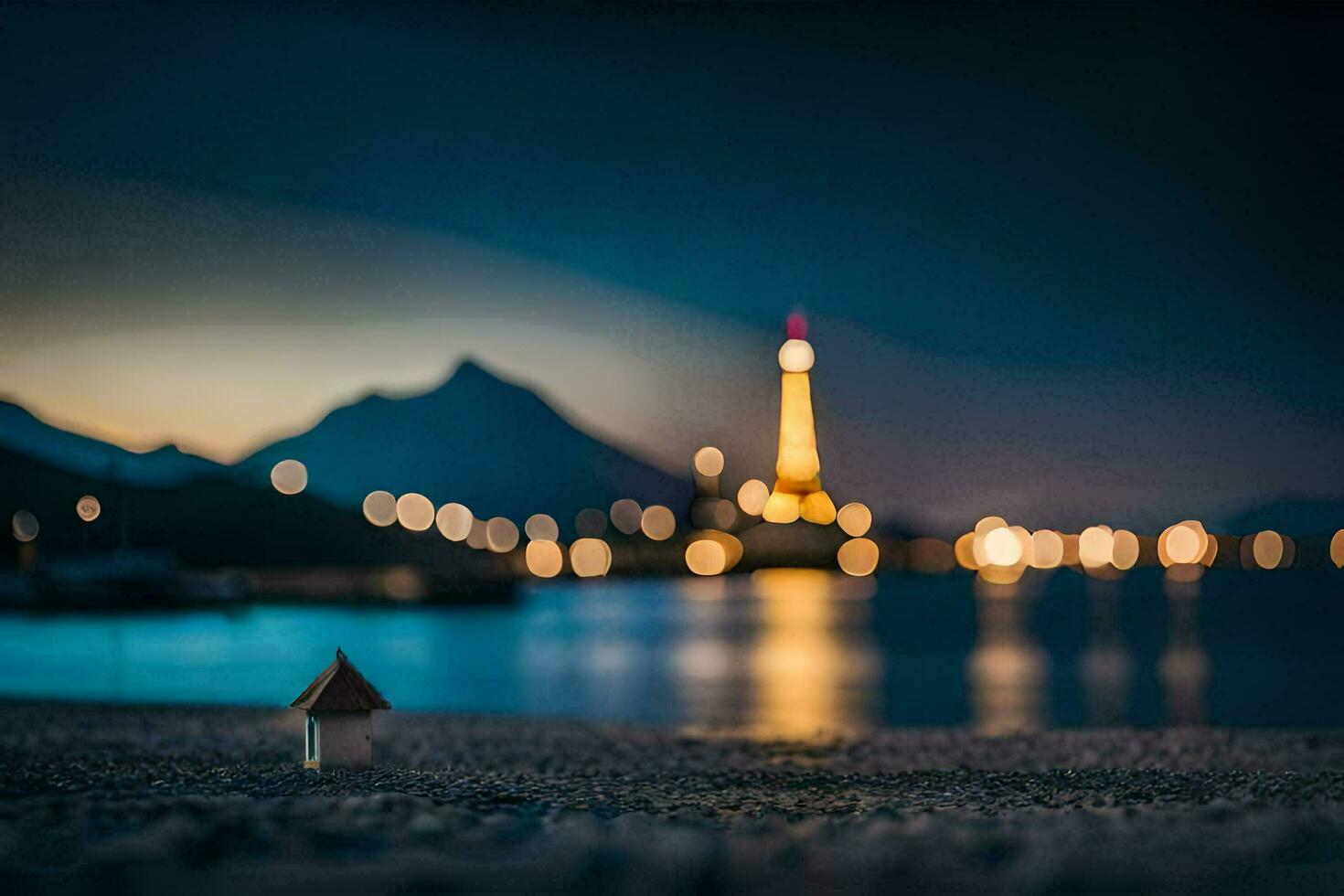 en små hus på de strand på natt med en upplyst upp eiffel torn i de. ai-genererad foto