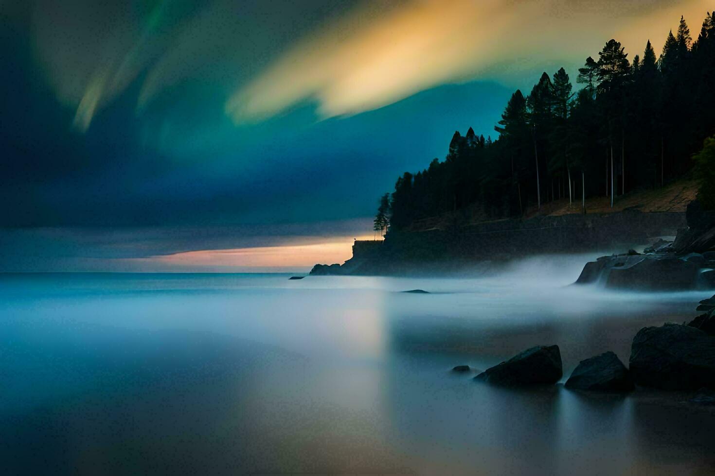 en lång exponering fotografera av de aurora borealis över de hav. ai-genererad foto