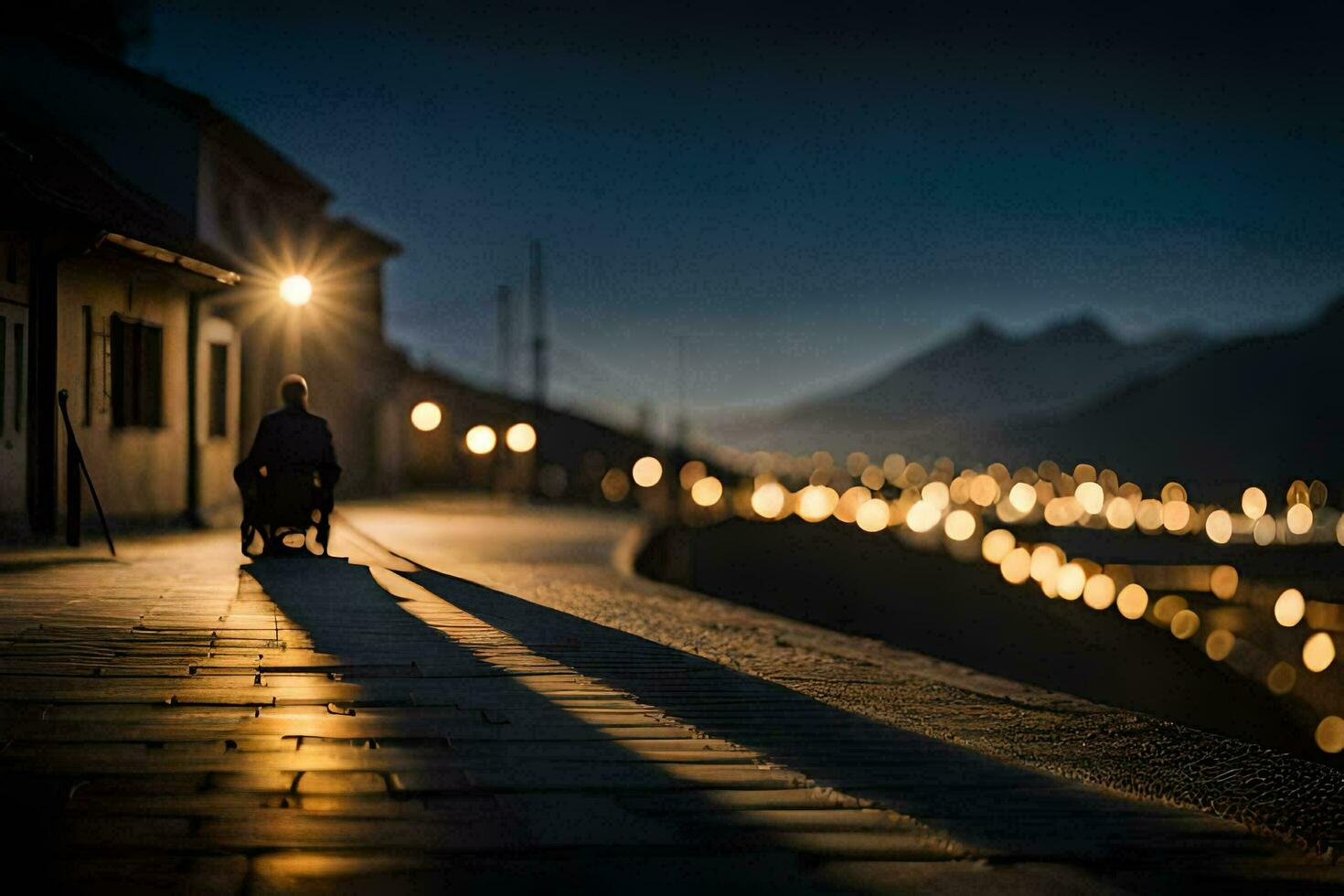 en man i en rullstol är gående ner en gata på natt. ai-genererad foto