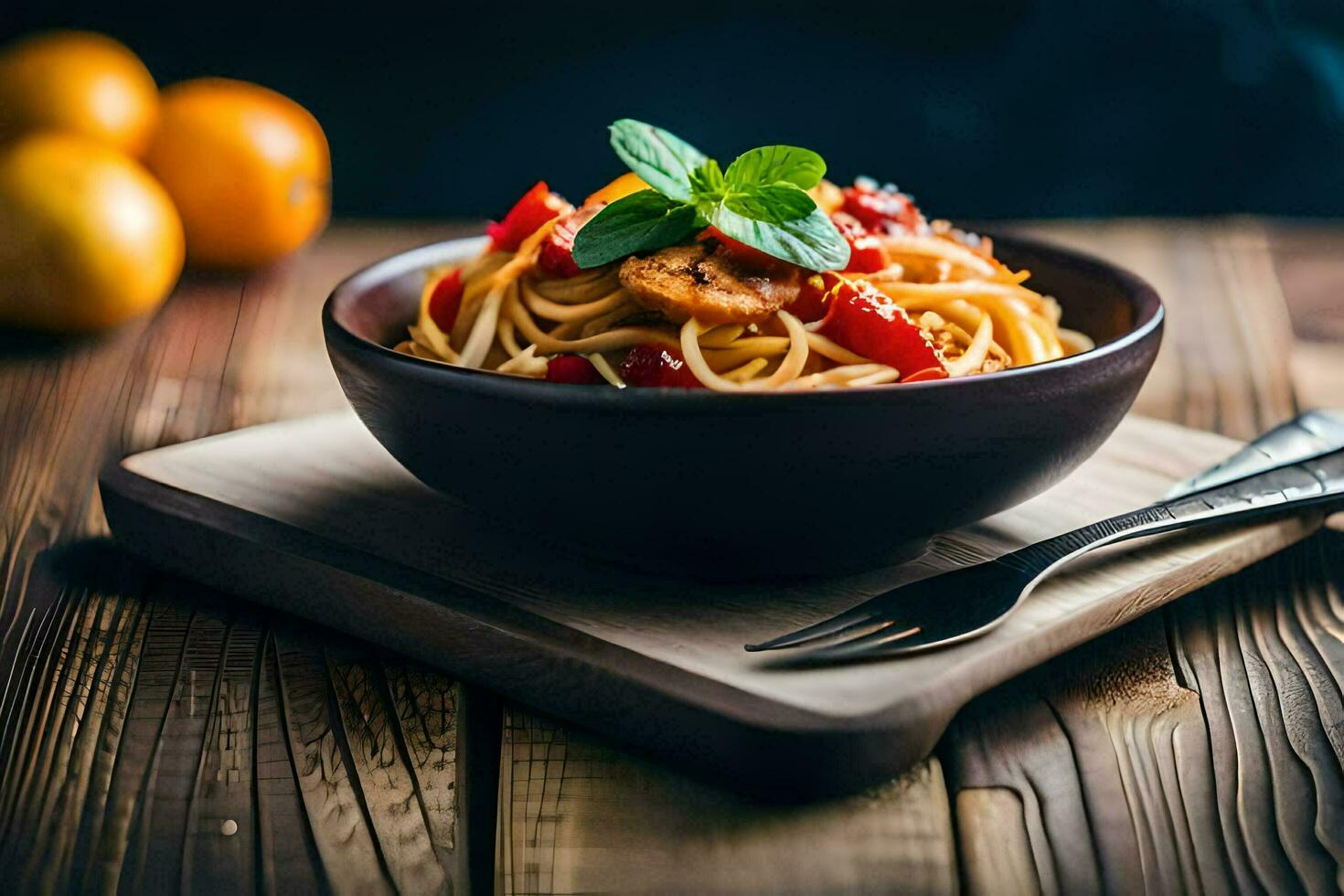 en skål av pasta med tomater och paprikor på en trä- tabell. ai-genererad foto