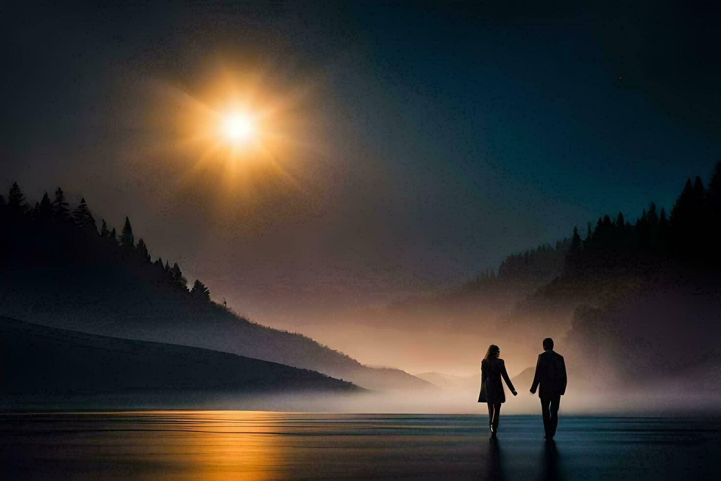 en par gående i de månsken på en sjö. ai-genererad foto