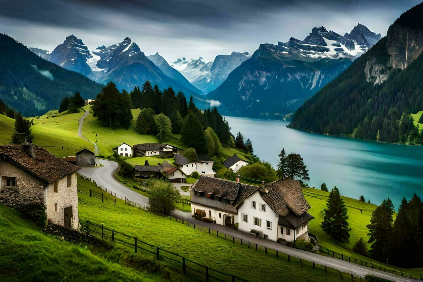 de by av schweiz är omgiven förbi bergen och en sjö. ai-genererad foto