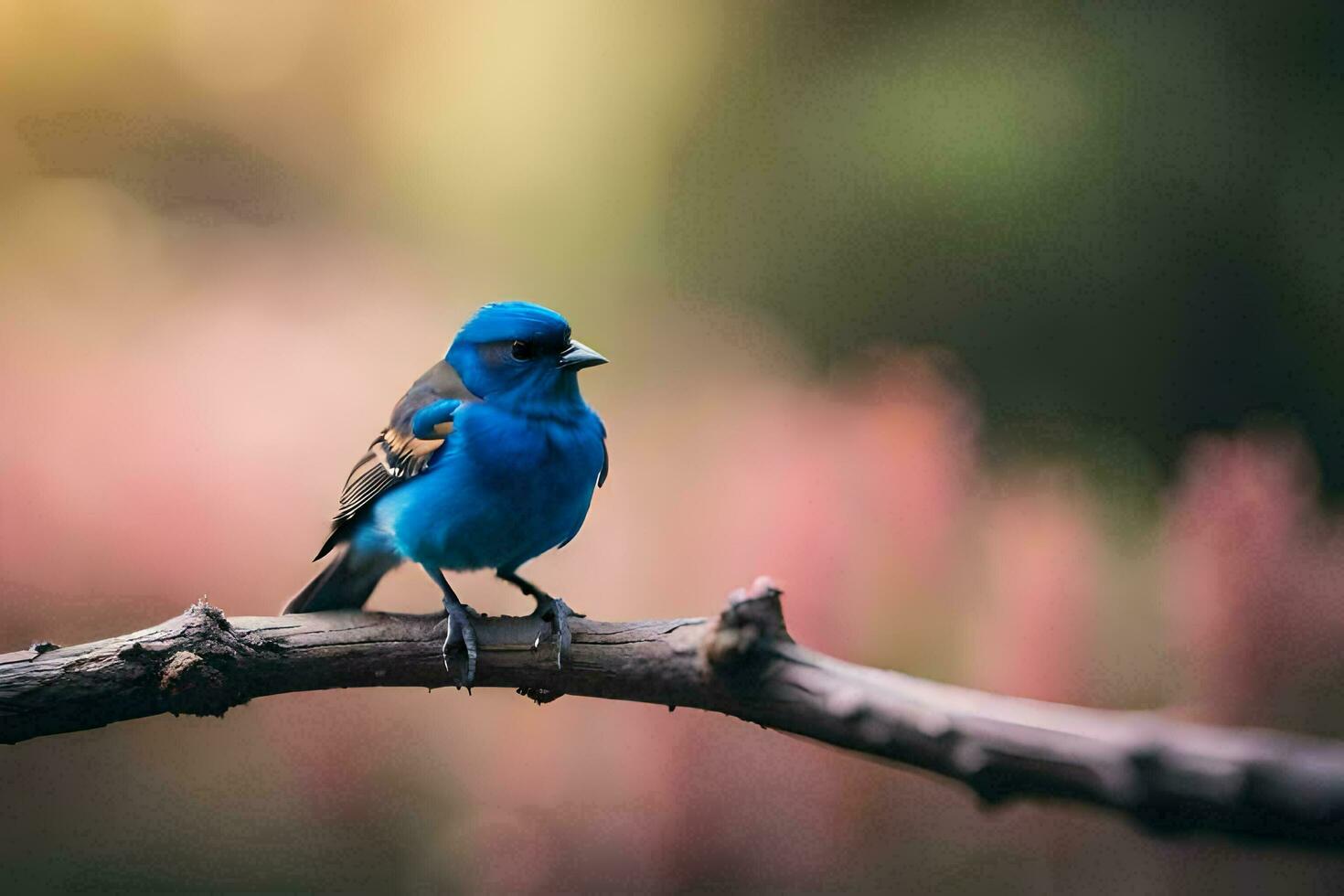 en blå fågel sitter på en gren i främre av en suddigt bakgrund. ai-genererad foto