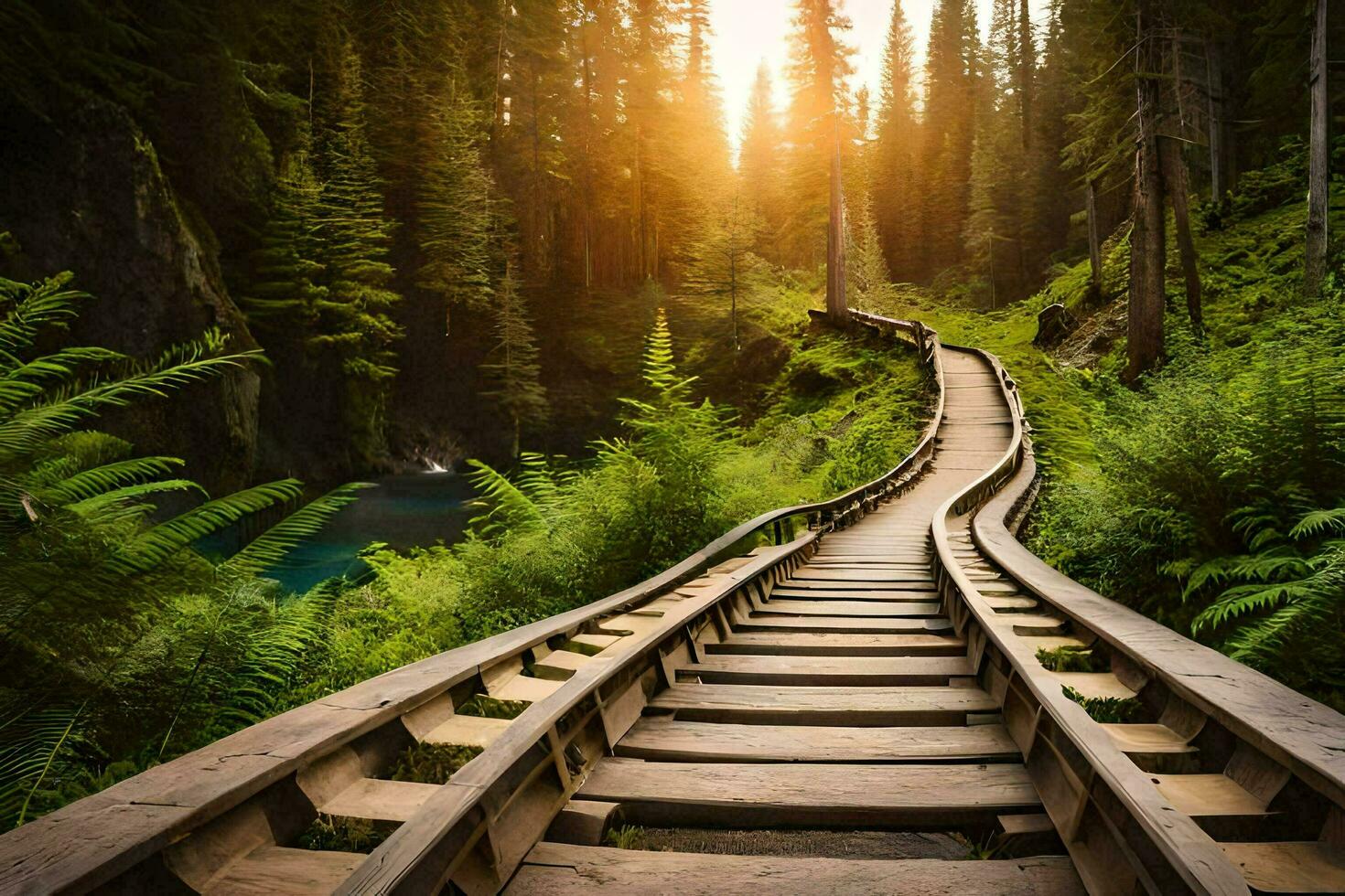 en trä- väg leder till en flod i de skog. ai-genererad foto