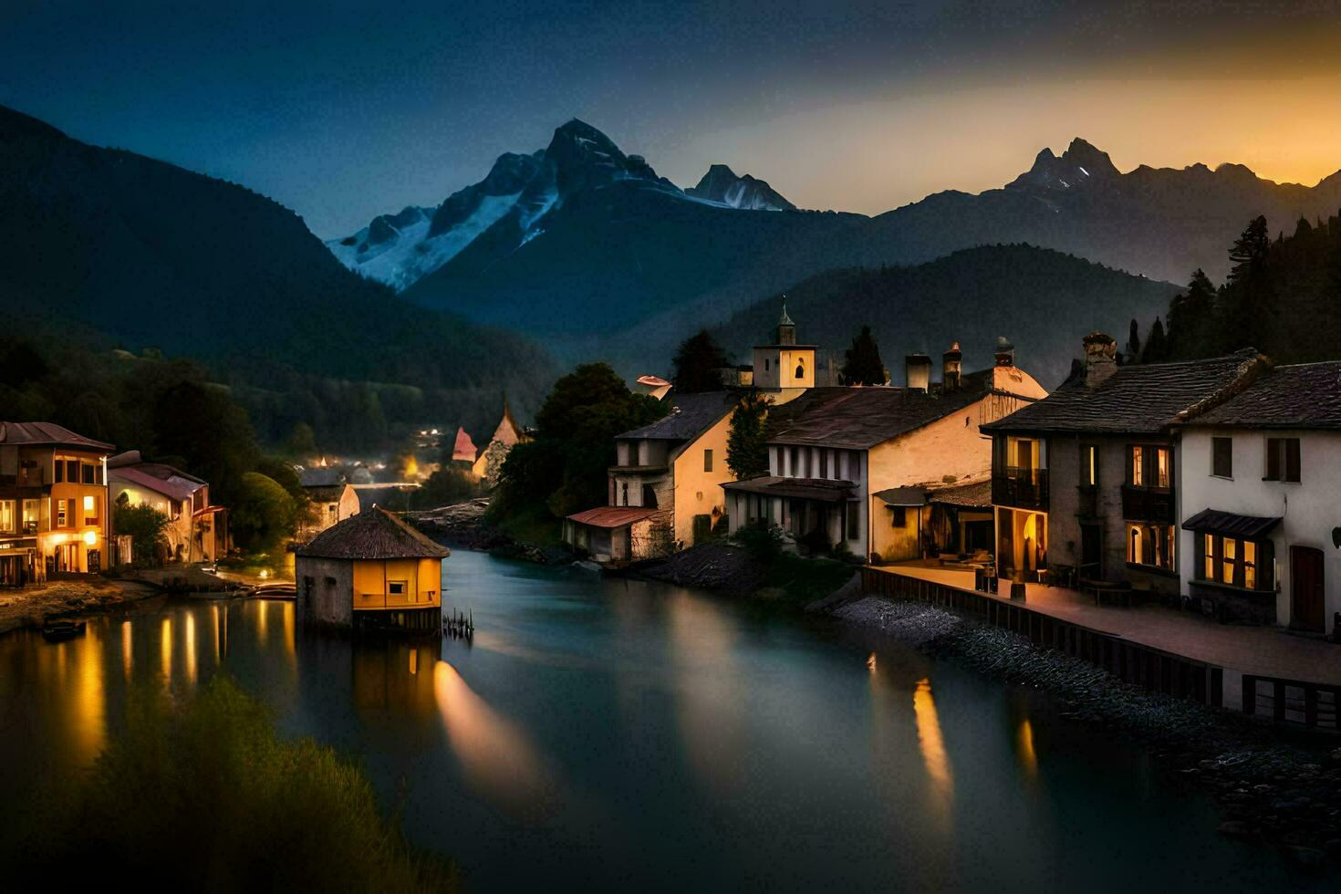 Foto tapet de himmel, berg, flod, hus, de natt, de berg, de flod. ai-genererad