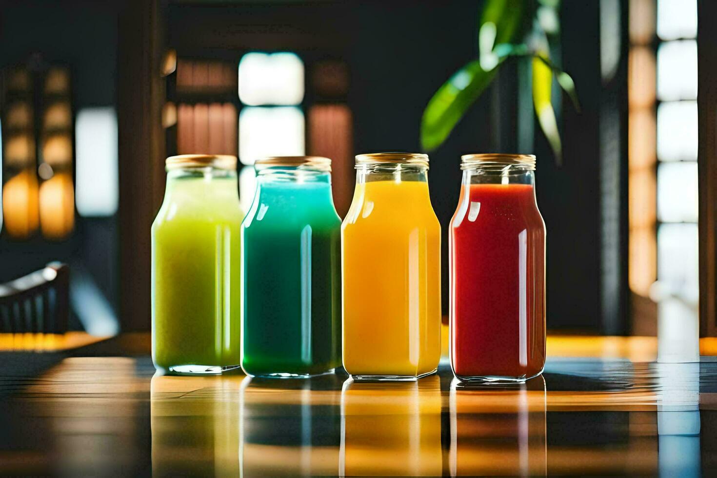 fyra flaskor av juice Sammanträde på en tabell. ai-genererad foto