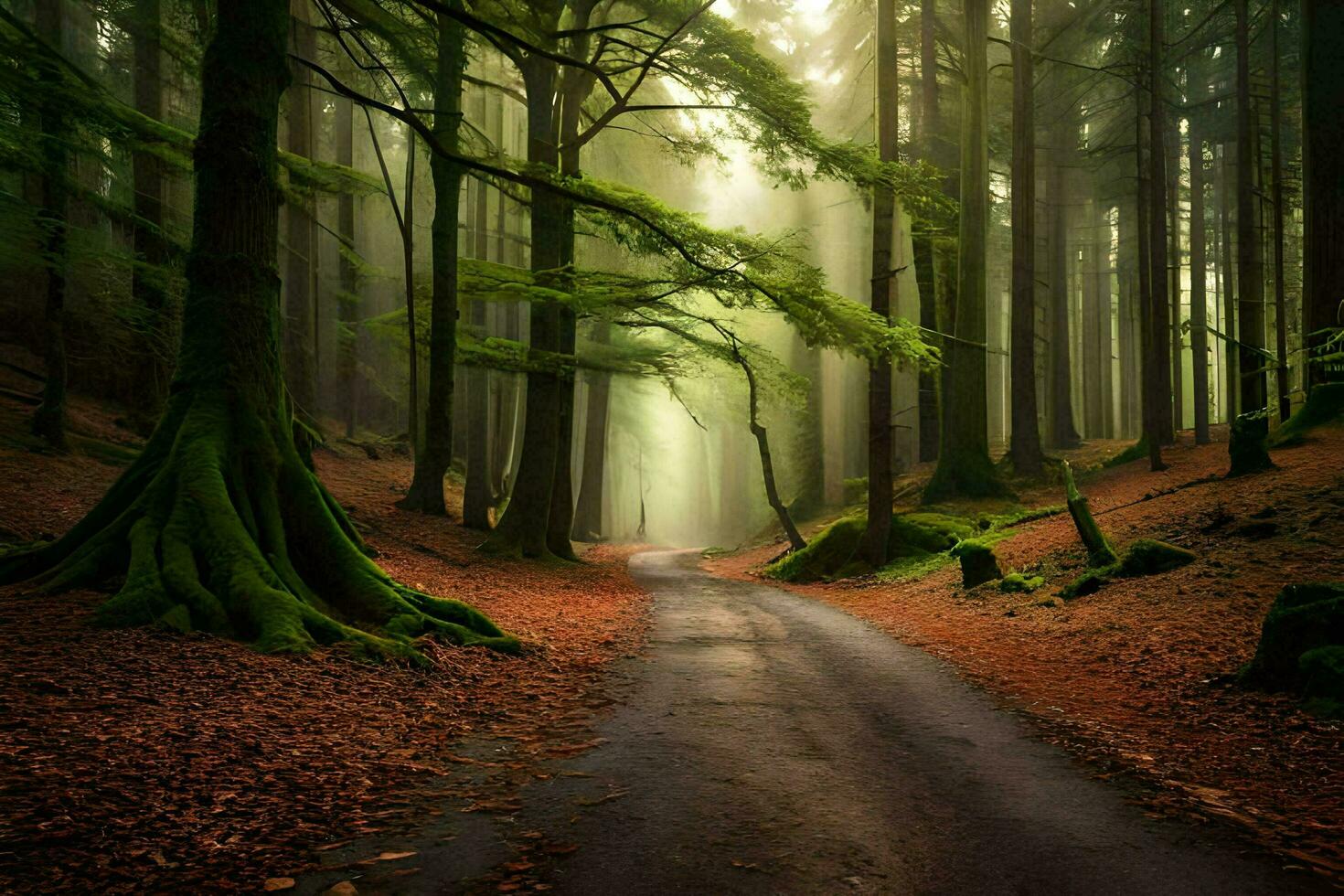 en väg i de mitten av en skog med träd. ai-genererad foto