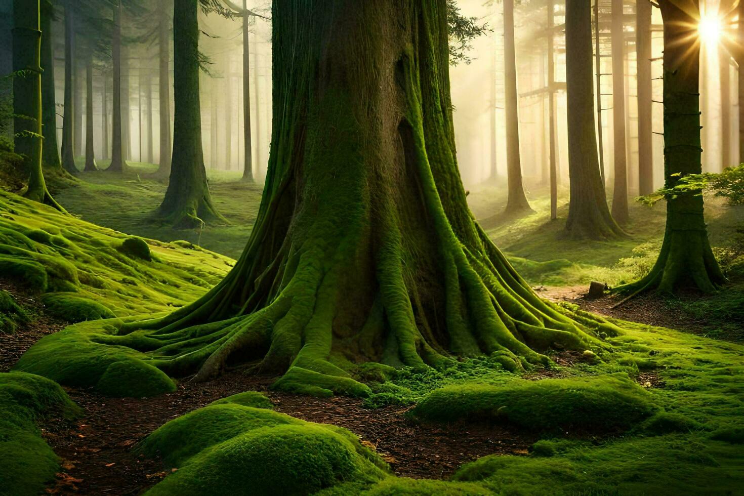 en grön skog med träd och mossa. ai-genererad foto