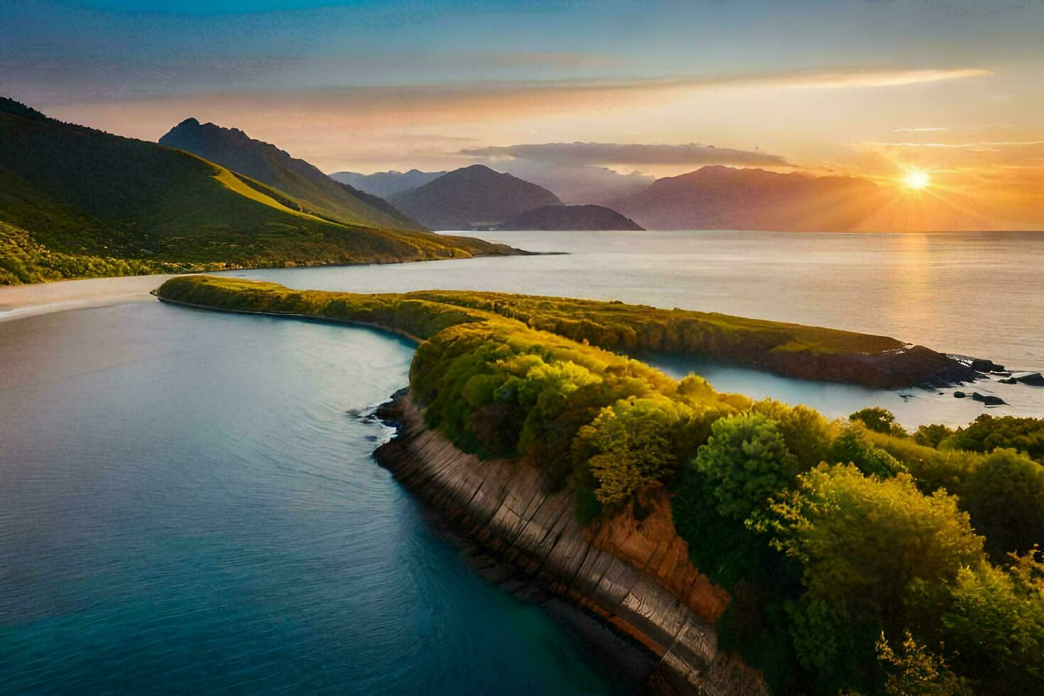 de Sol uppsättningar över de hav och berg. ai-genererad foto