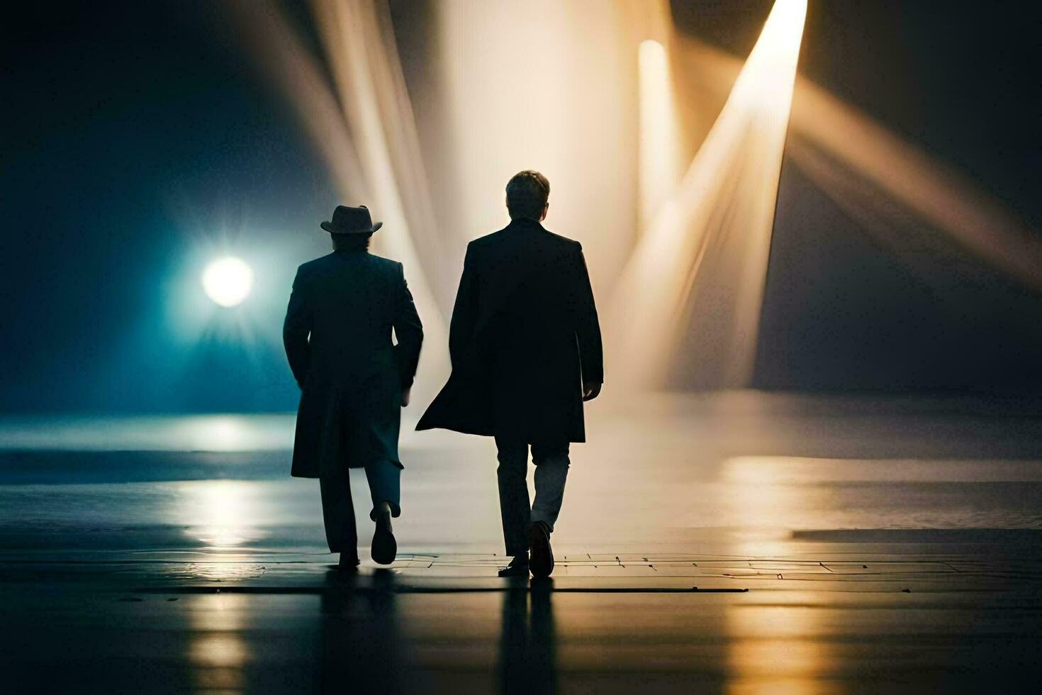 två män gående i de mörk med lampor lysande på dem. ai-genererad foto