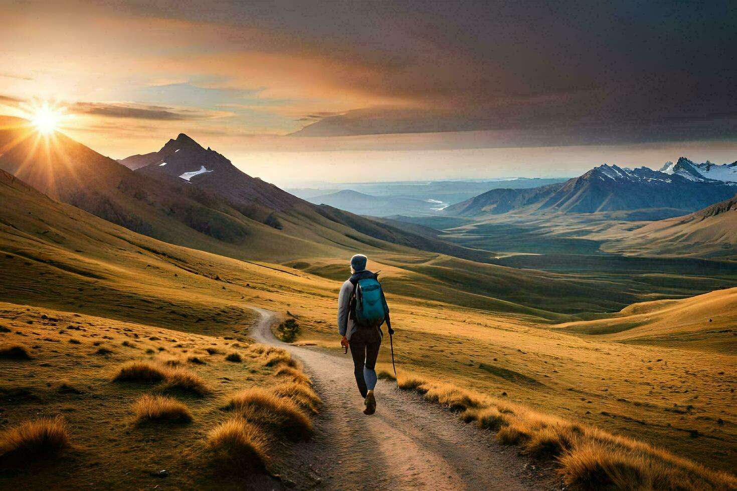 en person gående på en smuts väg i de berg. ai-genererad foto