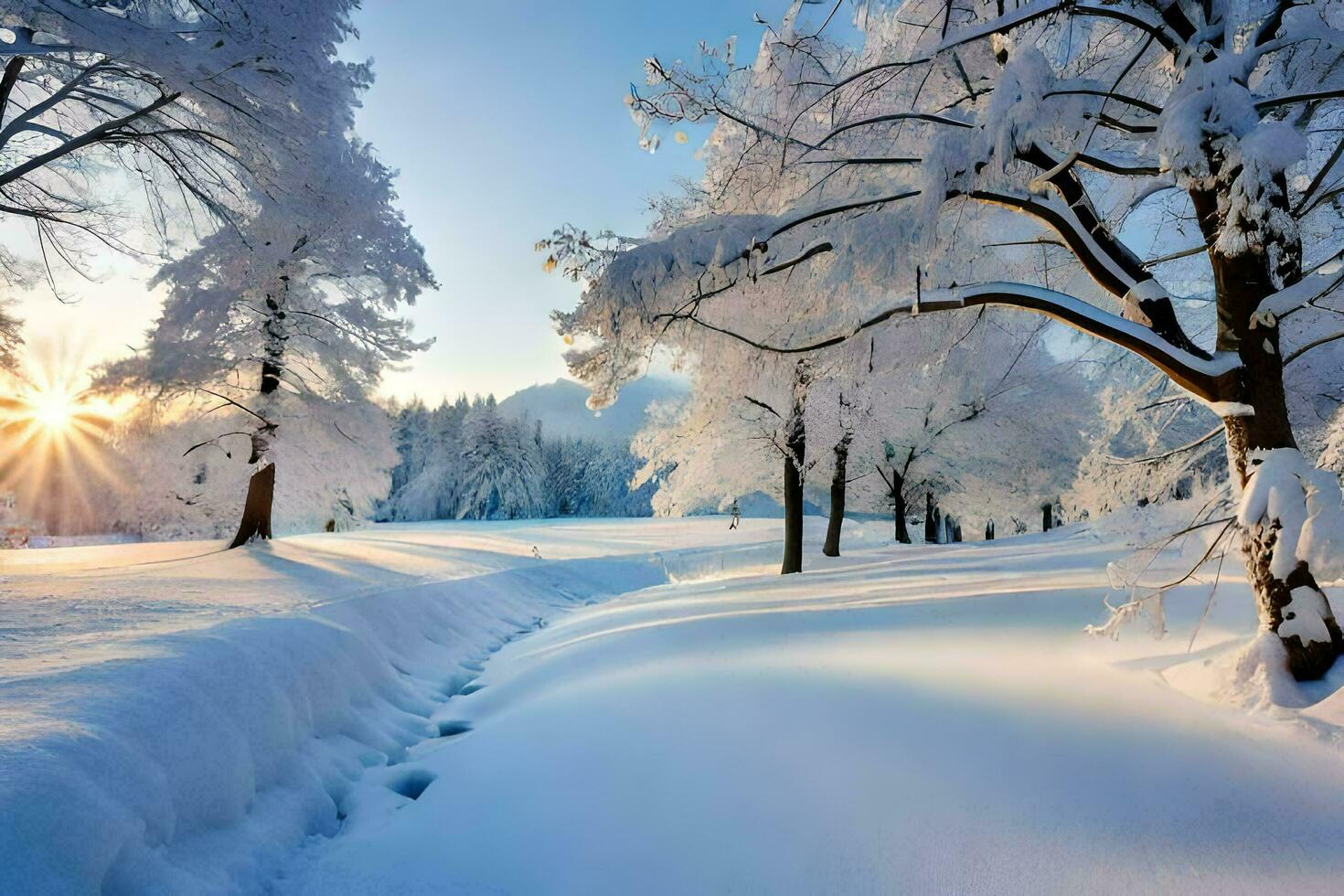 en snöig väg i de trän med träd. ai-genererad foto
