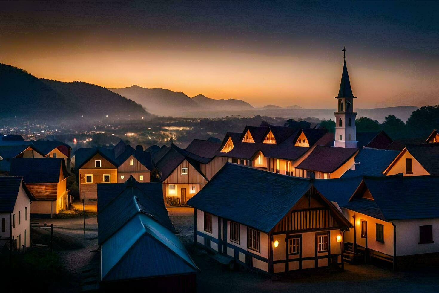 en by på skymning med hus och en kyrka. ai-genererad foto