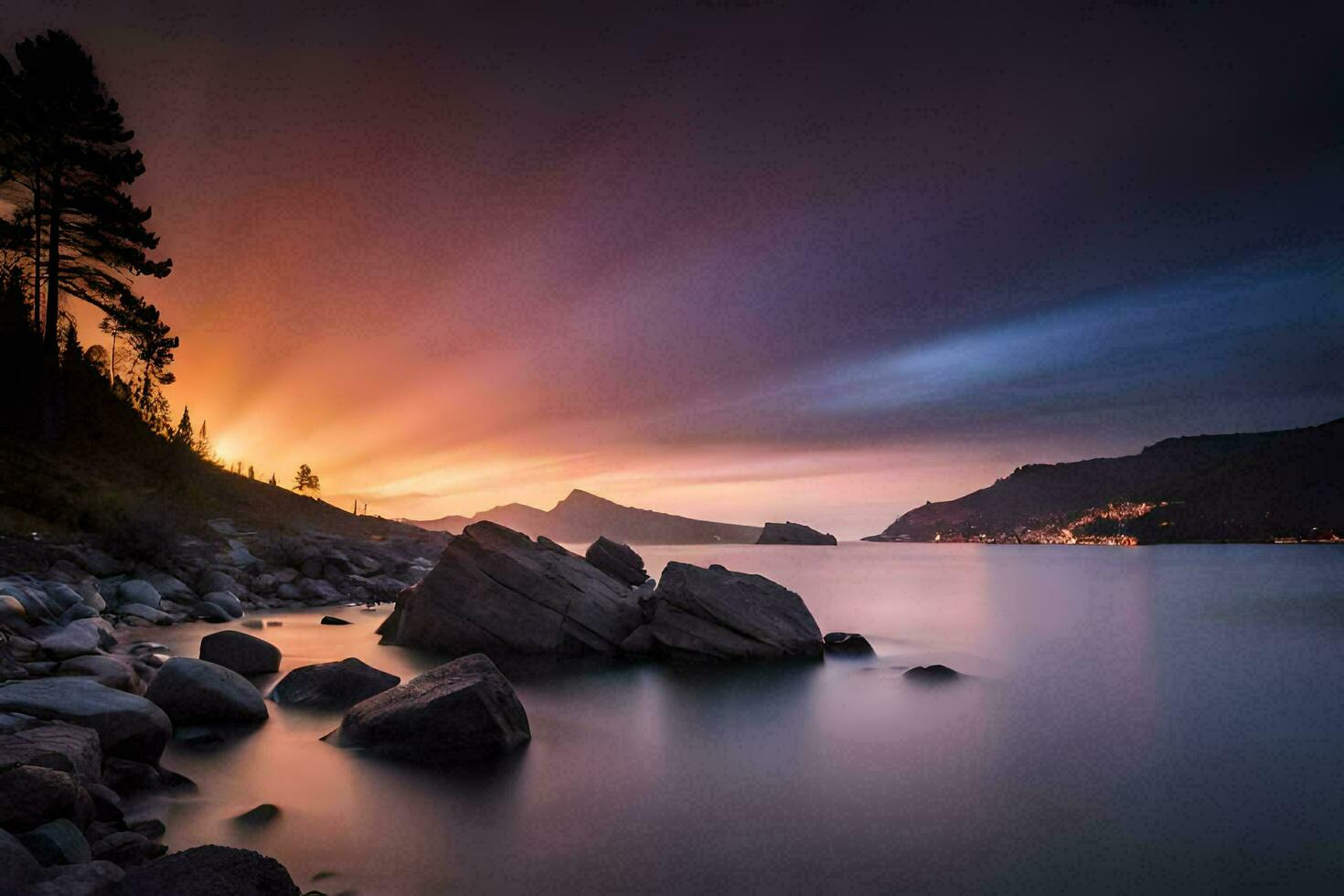 en skön solnedgång över de vatten med stenar och träd. ai-genererad foto