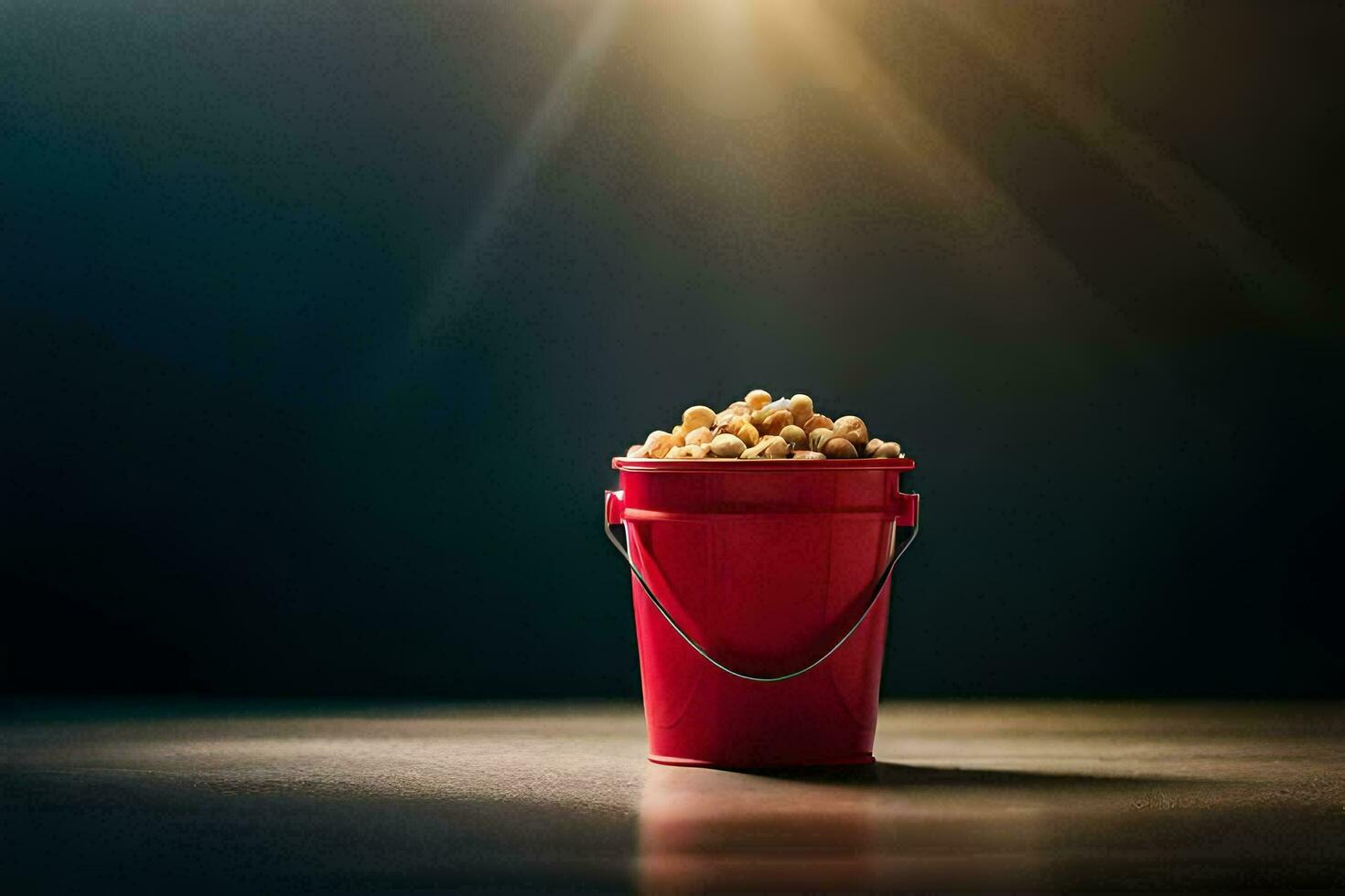 en hink av popcorn på en tabell. ai-genererad foto