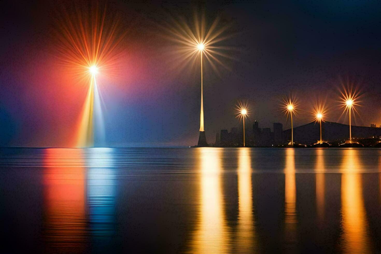 de stad lampor är reflekterad i de vatten. ai-genererad foto