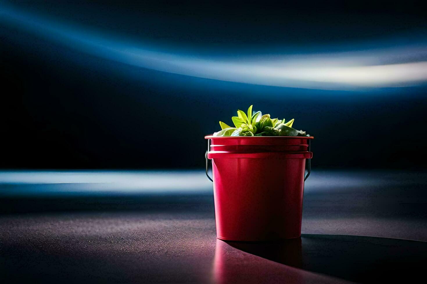 en röd hink med en växt i Det. ai-genererad foto