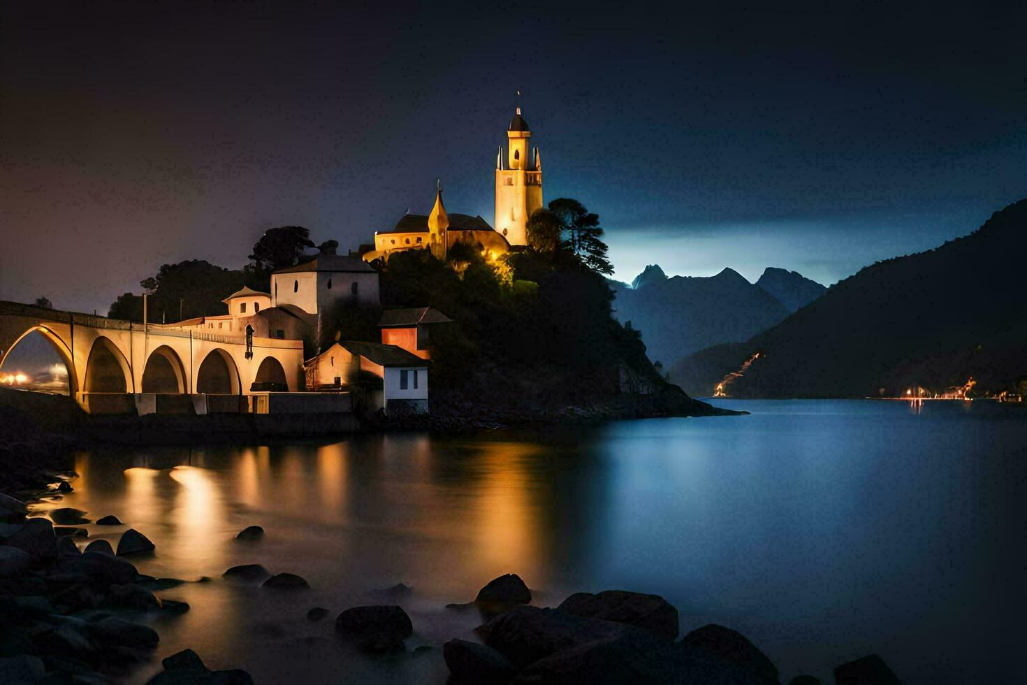 Foto tapet de himmel, natt, sjö, bro, kyrka, de stad, de stad lampor. ai-genererad