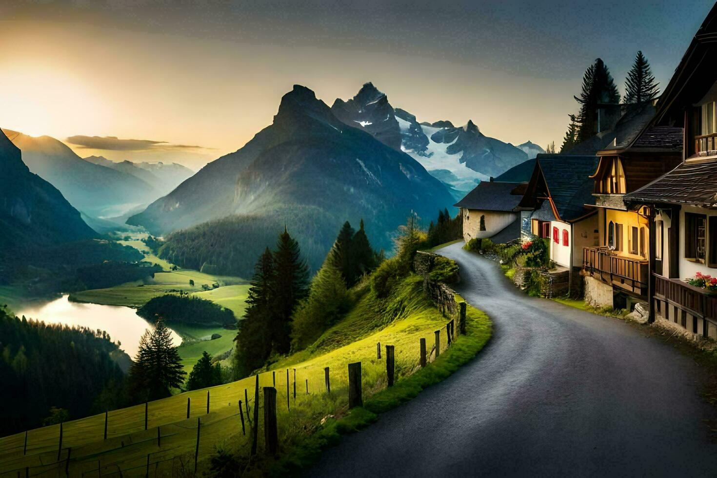 en väg i de bergen med hus och berg. ai-genererad foto