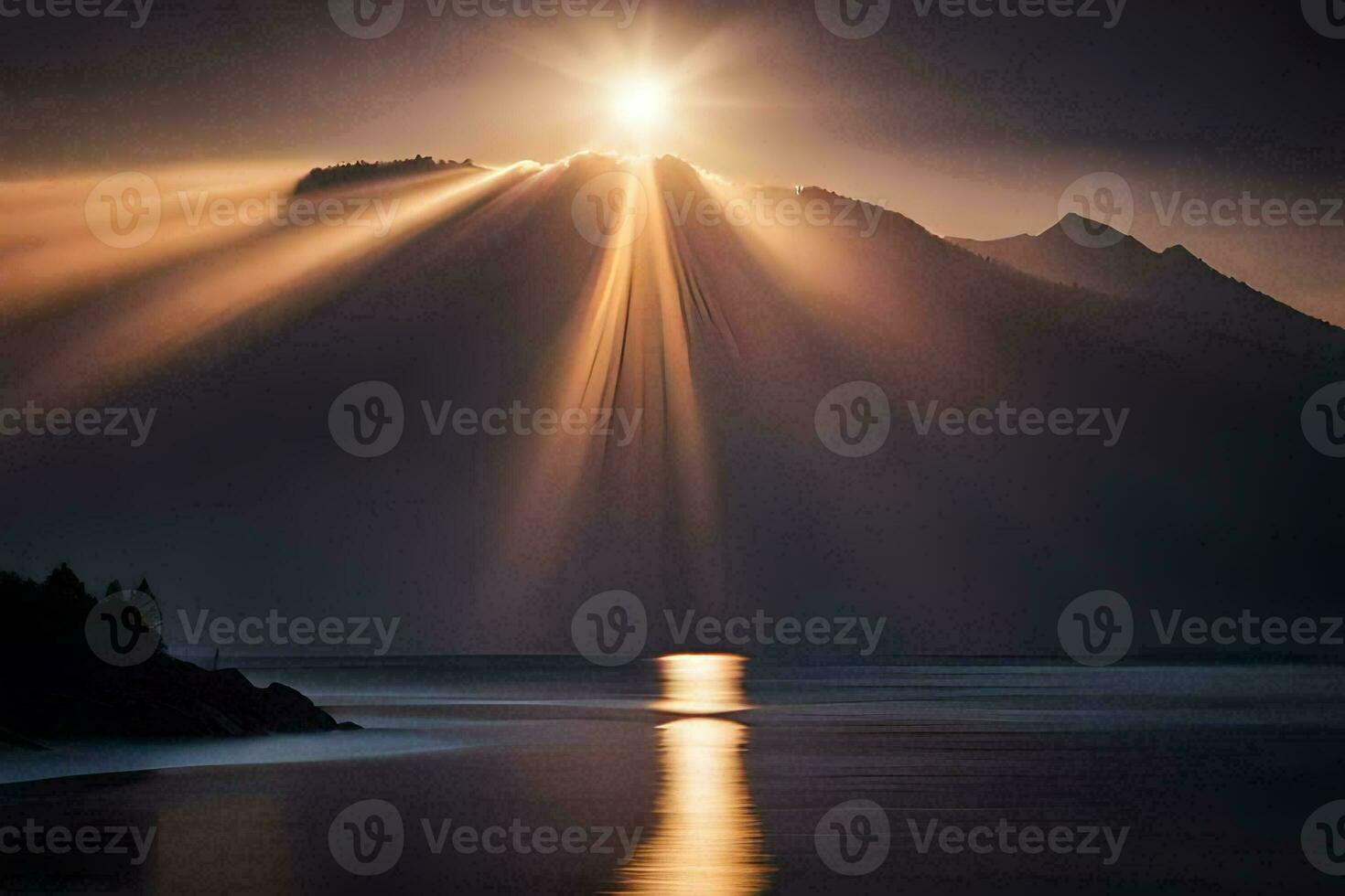 solstrålar glans genom de moln över en berg. ai-genererad foto