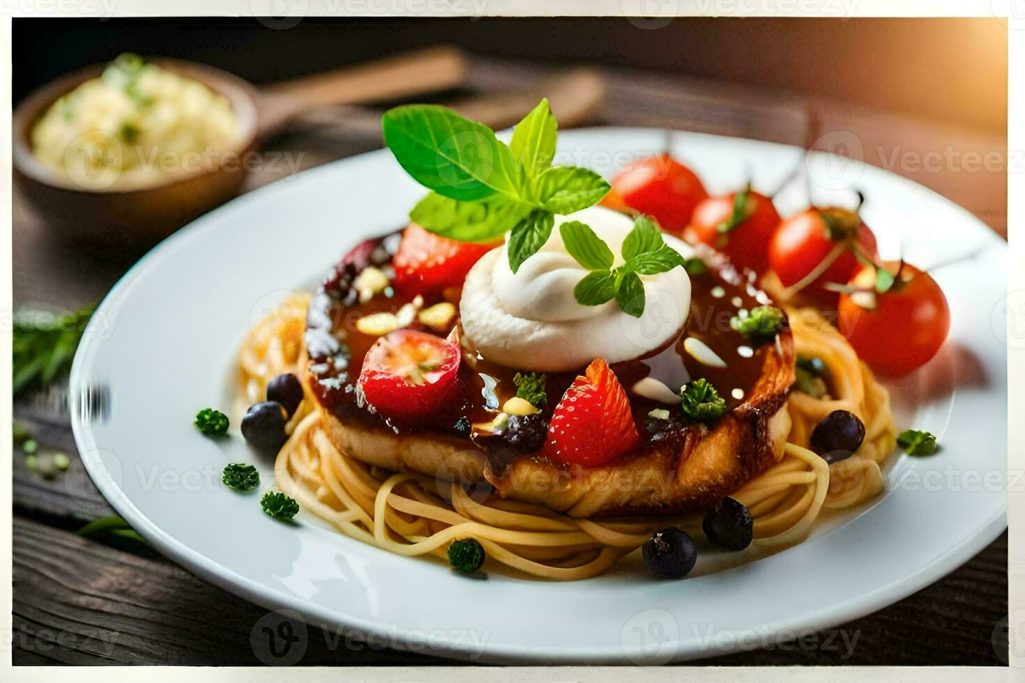 en tallrik med spaghetti, tomater, och jordgubbar. ai-genererad foto
