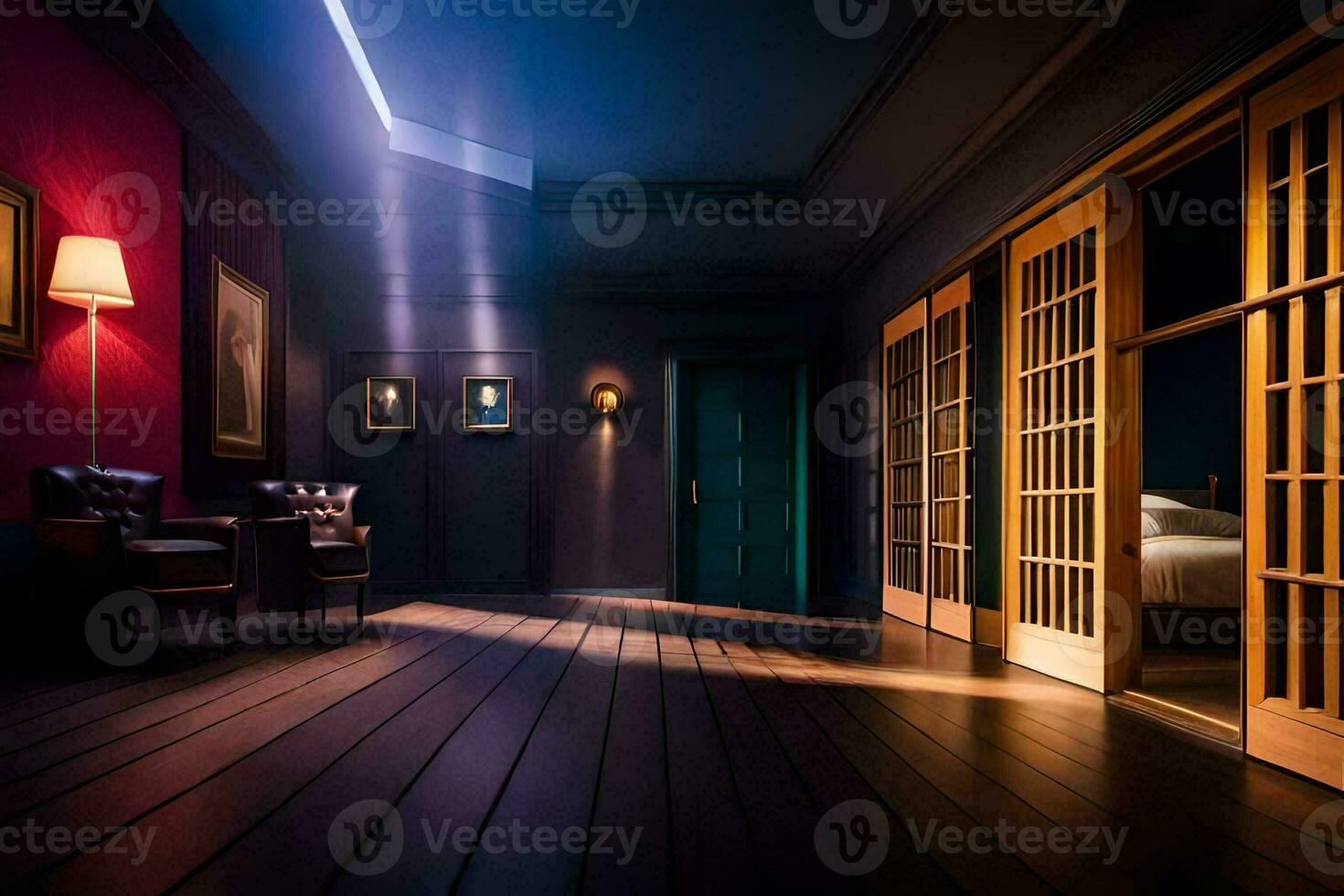 en mörk rum med trä- golv och en ljus lysande genom de dörr. ai-genererad foto