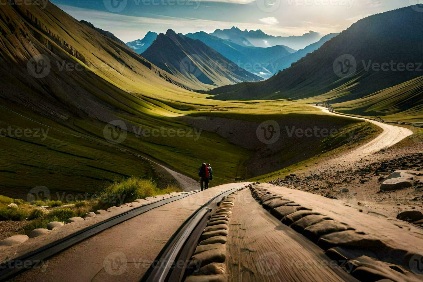 en man gående längs en väg i de berg. ai-genererad foto