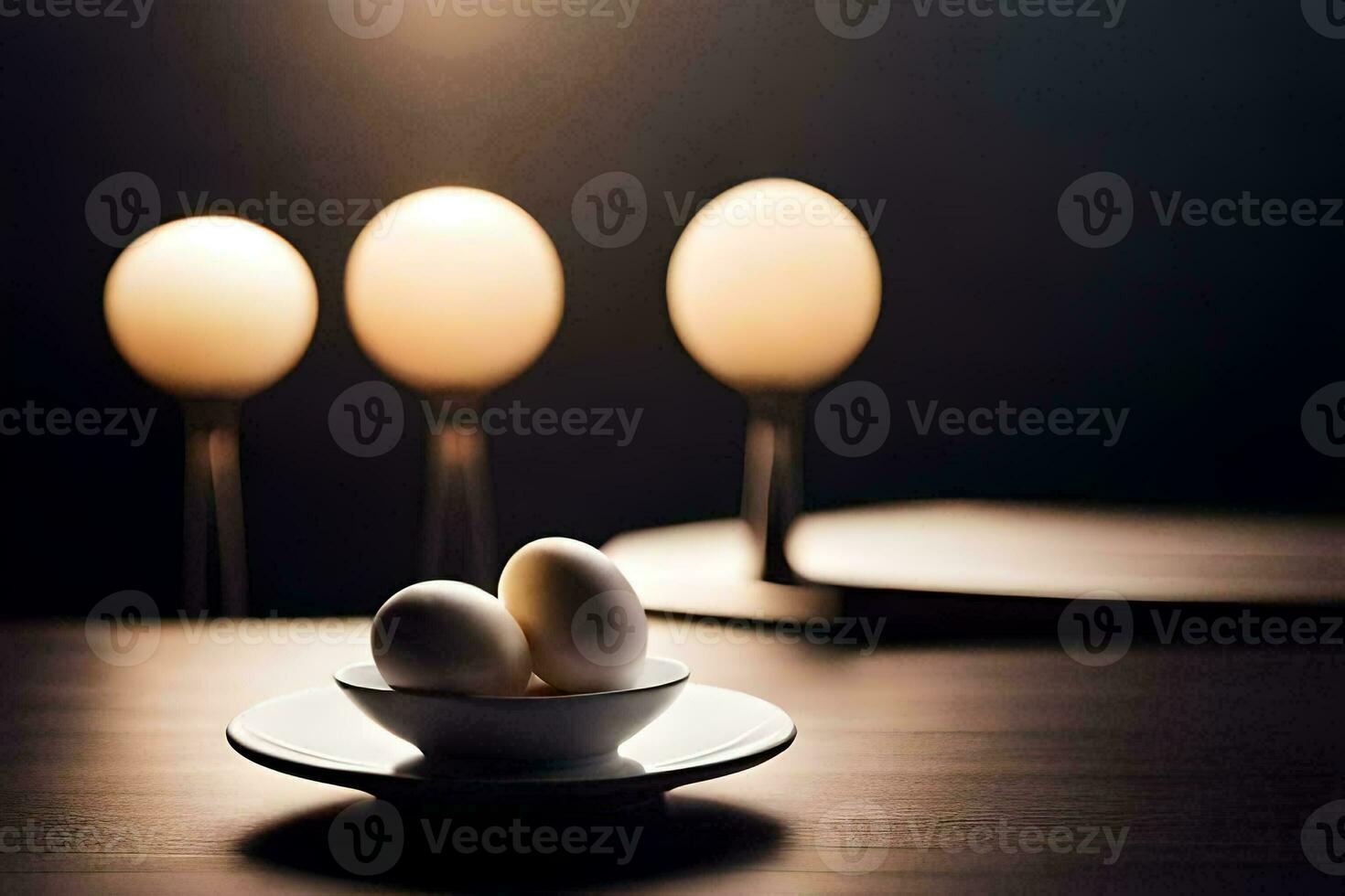 tre ägg sitta i en skål på en tabell. ai-genererad foto