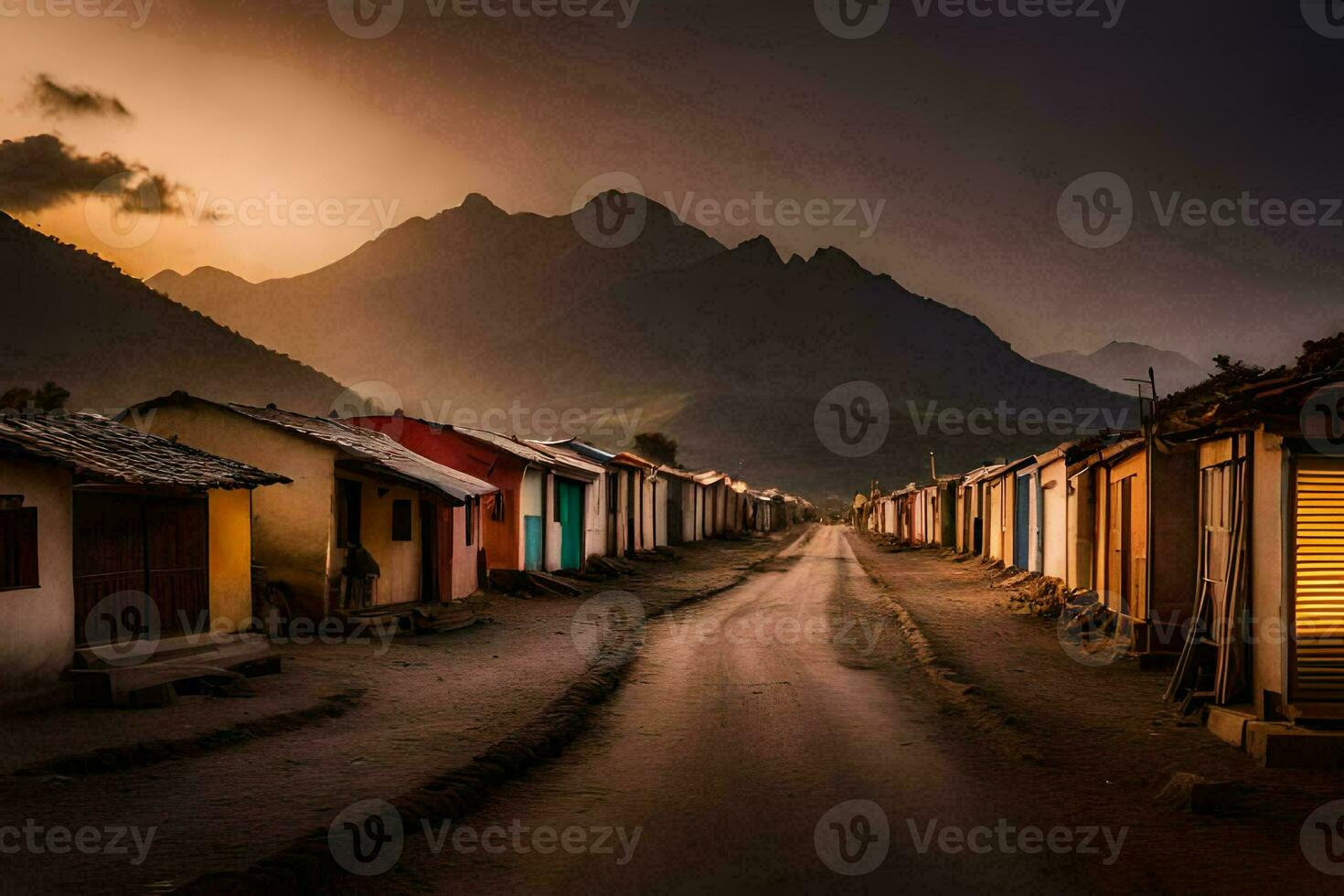 en gata i en by med hus och bergen i de bakgrund. ai-genererad foto
