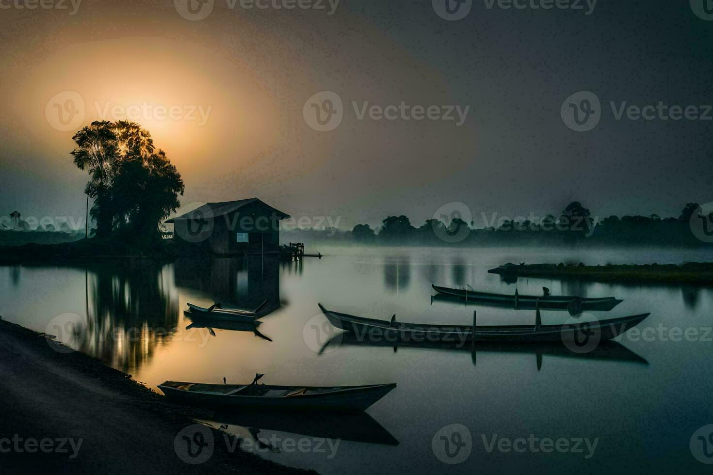 båtar på de vatten på soluppgång med en hus i de bakgrund. ai-genererad foto