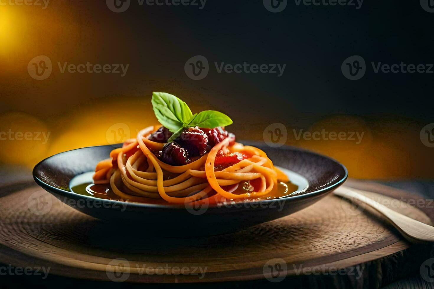 spaghetti med körsbär tomater och basilika löv i en svart skål. ai-genererad foto