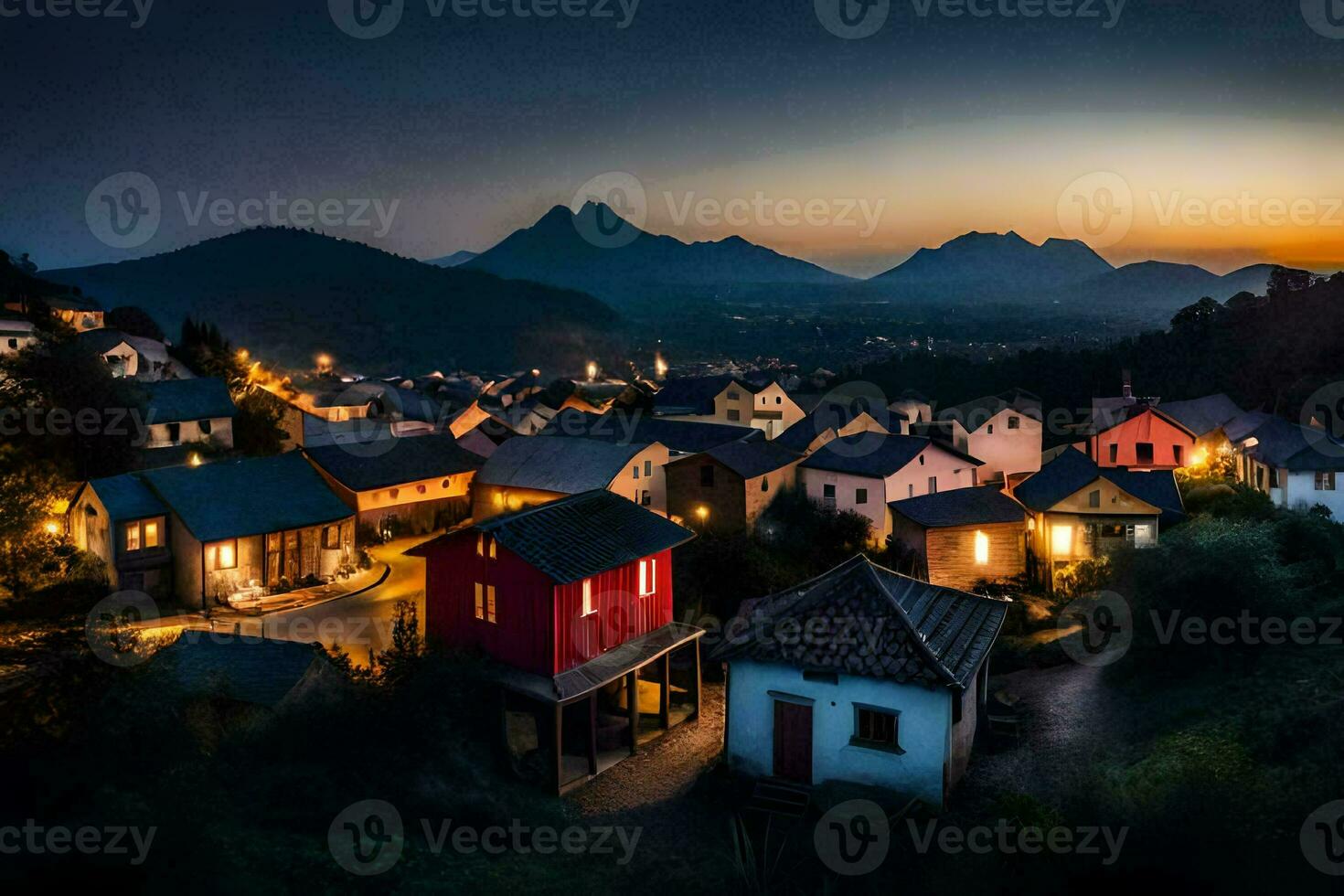 en stad på skymning med bergen i de bakgrund. ai-genererad foto