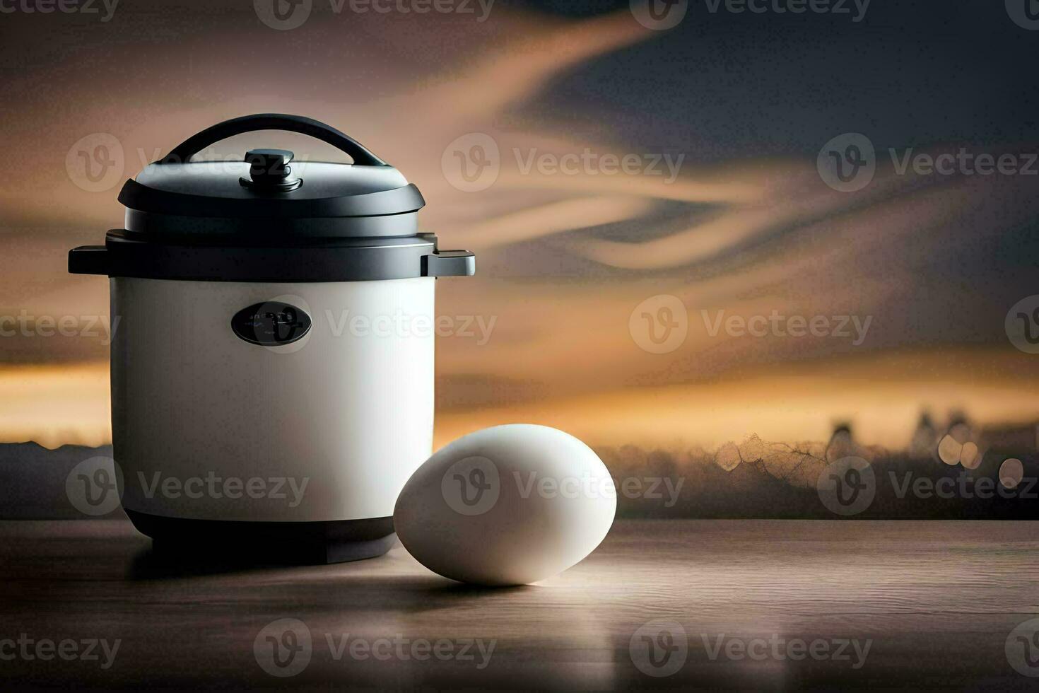 ett ägg och en kaffe tillverkare på en tabell. ai-genererad foto