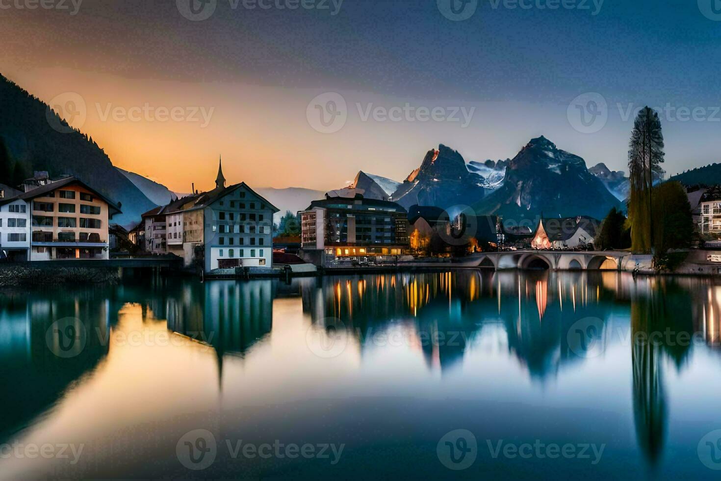 de Sol uppsättningar över de stad av langerhans i schweiz. ai-genererad foto