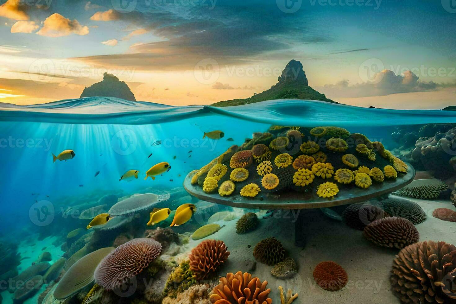 en korall rev och fisk simning i de hav. ai-genererad foto