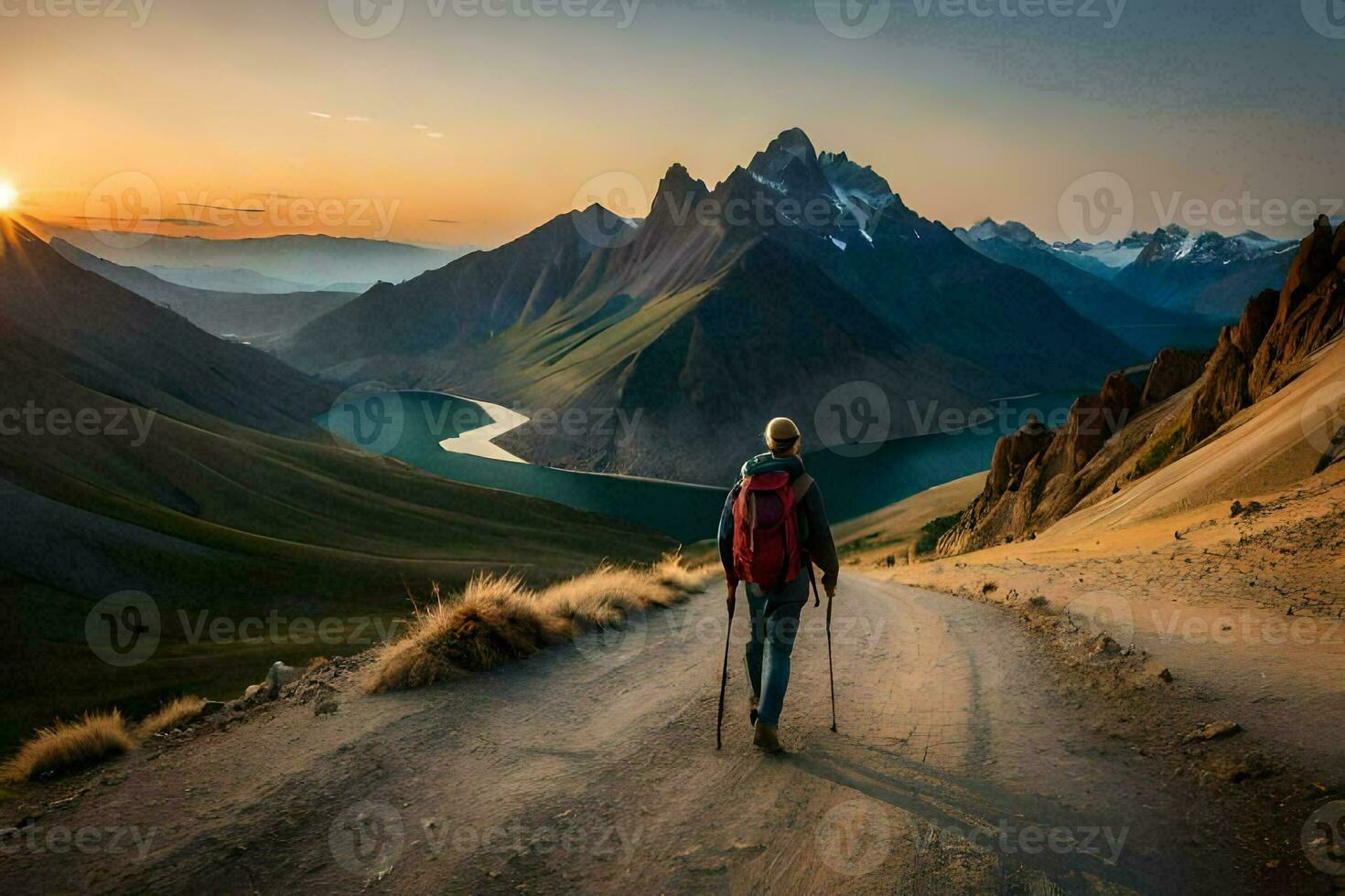 en person gående på en väg i de berg. ai-genererad foto