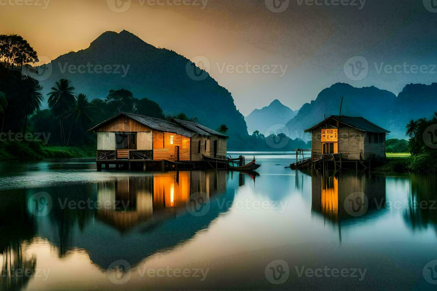 Foto tapet de himmel, berg, vatten, hus, de berg, de berg, de berg. ai-genererad