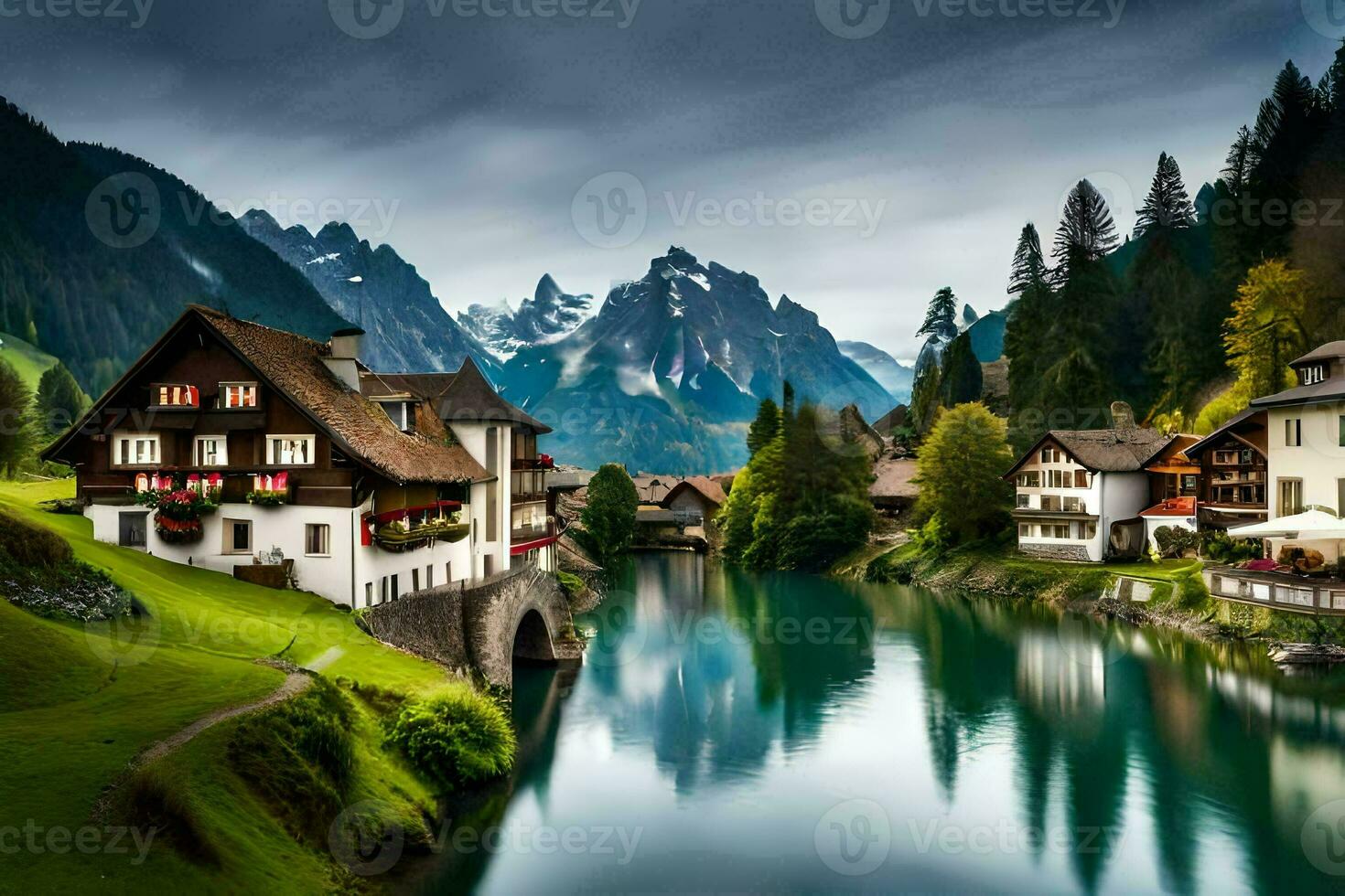 en flod kör genom en by i de berg. ai-genererad foto