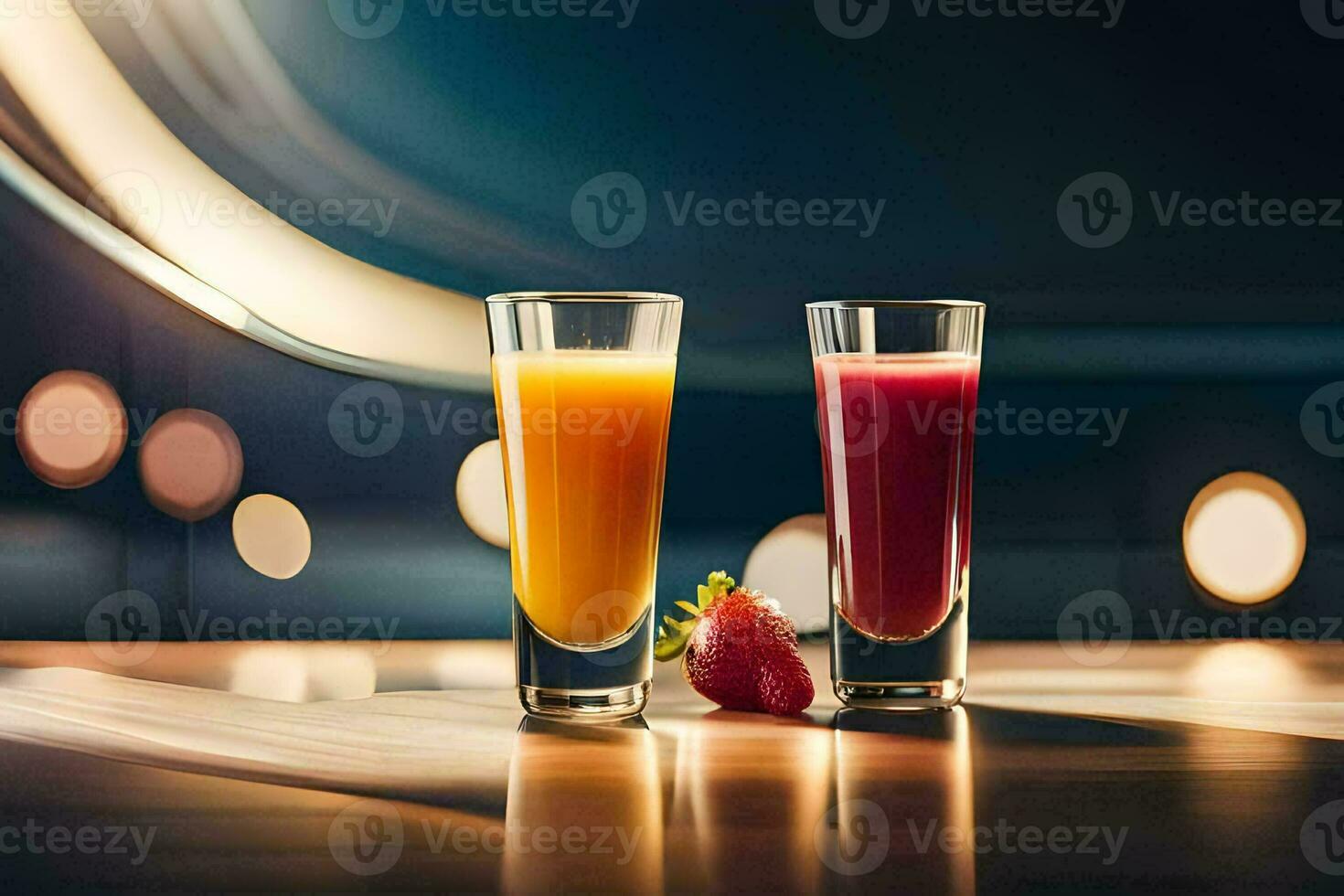 två glasögon av juice med jordgubbar på de tabell. ai-genererad foto