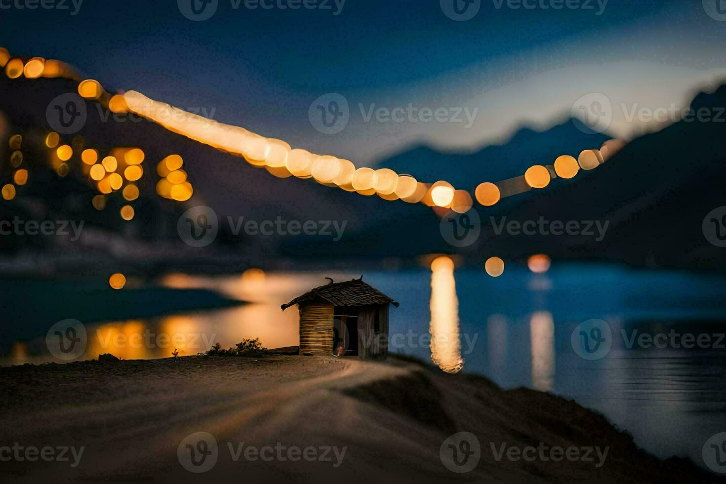 en små hus sitter på de Strand av en sjö på natt. ai-genererad foto