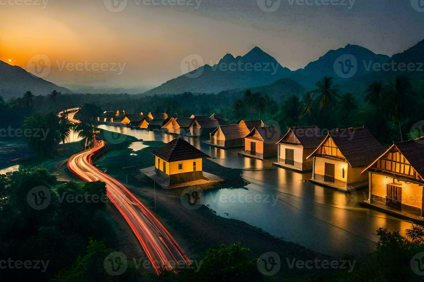 en flod och hus i de bergen på solnedgång. ai-genererad foto